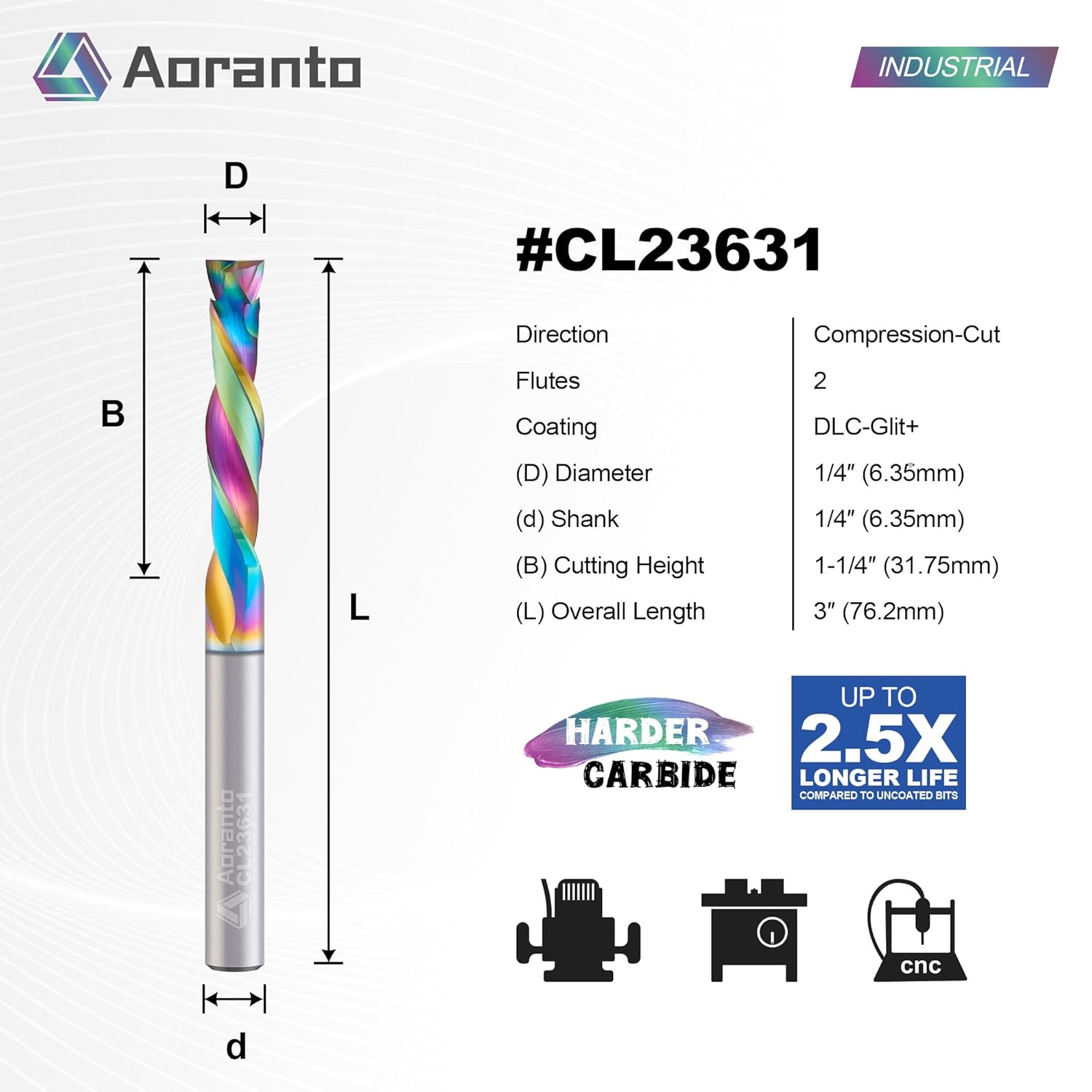 CL23631 1/4" Up&Down Compression Spiral CNC Router Bit 1/4" Shank, Industrial Quality Extra Long Life Coating Solid Carbide End Mill for Wood Mortise Slot Carving, 1/4" Dia x 1-1/4" CL, 5 Pack