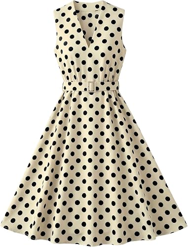 SOLY HUX Women's Polka Dots Belted Midi Dress V Neck Sleeveless Pleated A Line F
