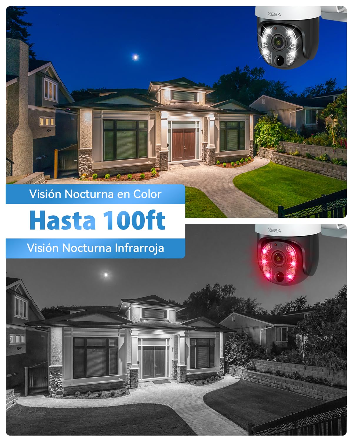 Xega 5MP【10X Óptico Zoom】 4G LTE Cámara Vigilancia sin WiFi con Tarjeta SIM | 20W Panel Solar 30,000 mAh Batería Grabación 24/7 Exterior Detección Humana Visión Nocturna 100ft Audio Bidireccional