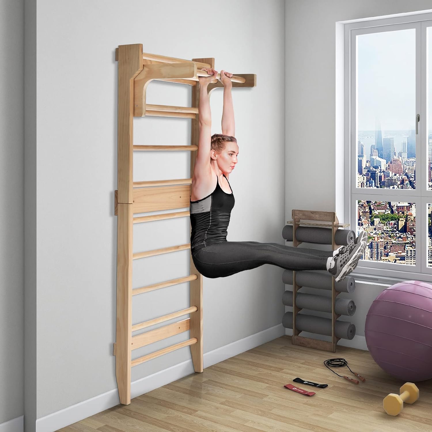 GYMAX Espaldera de Madera con Barra de Dominadas de Altura Ajustable, Estructura de Escalada de 195 x 80 cm para Adultos y Niños, para Fisioterapia, Gimnasia, Fitness, Soporta hasta 100 kg