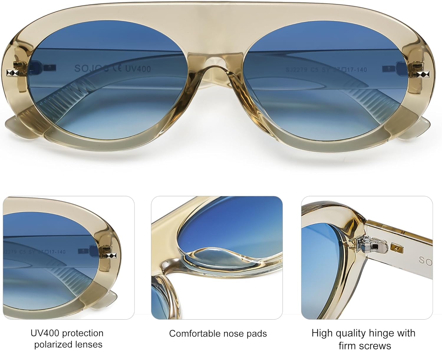 SOJOS Trendy Flat Top Polarized Sunglasses for Women Men Retro Chunky Frame Oval Lens Sun Glasses SJ2279 - Image 4