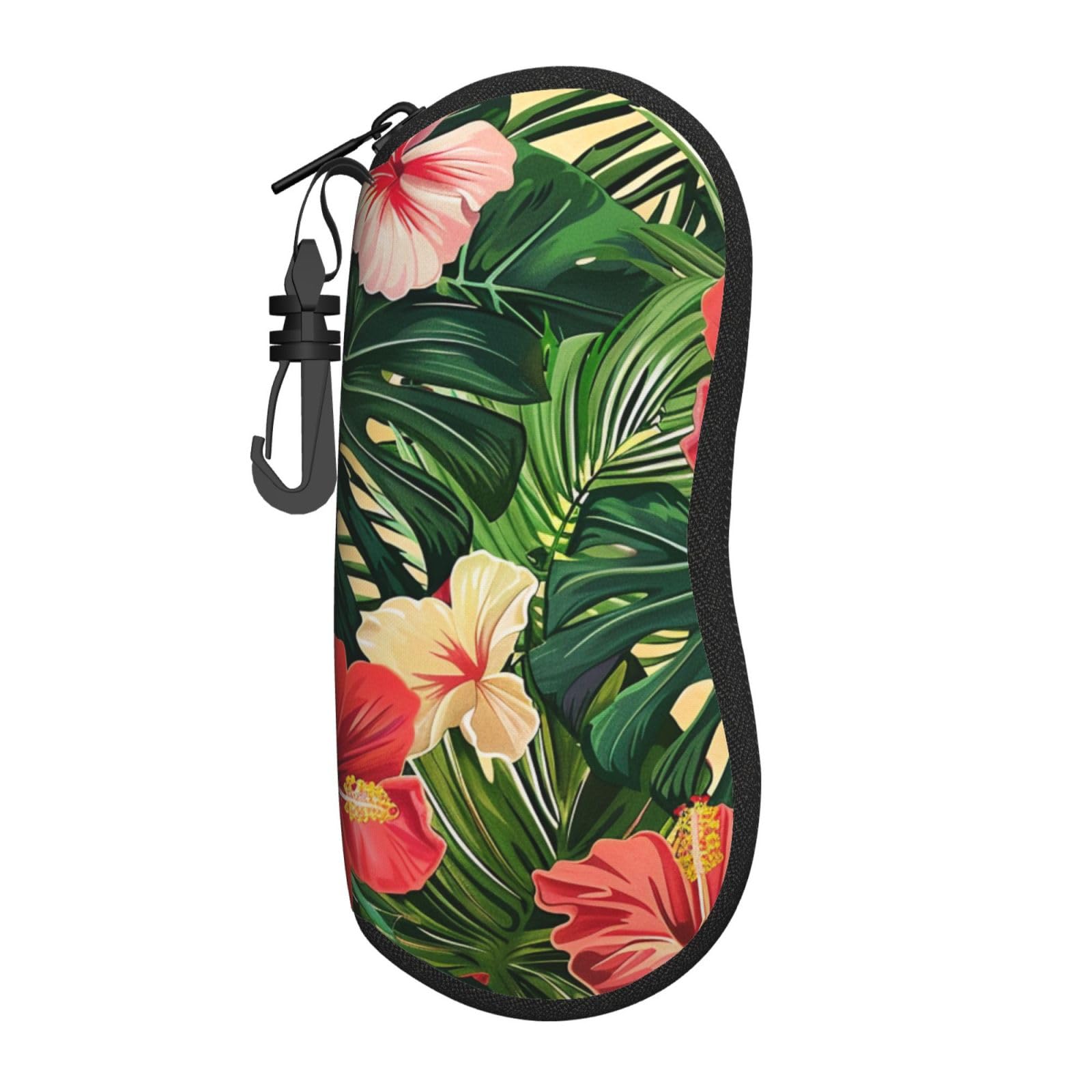 Wputy Unisex Vegetation Leaves With Hibiscus Flowers Print Ultra-Light Neoprene Eyeglass Case With Keychain, Compact Travel Sunglasses Pouch, Multi-Purpose Organizer For Glasses, Cosmetics & Gifts