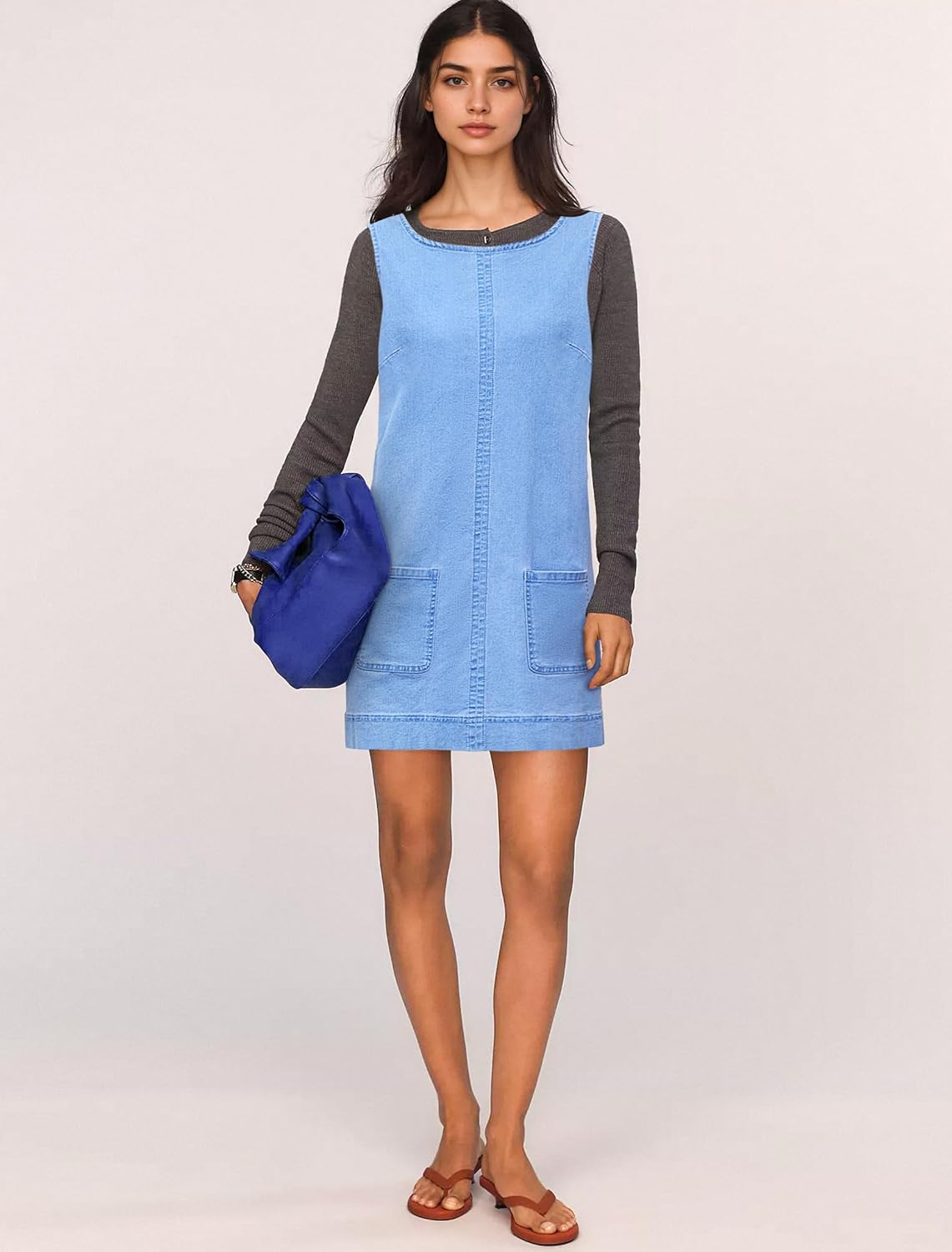 Womens Sleeveless Casual Denim Dress - Summer Crewneck Vintage Loose Jean Romper Overall Dress with Pockets - Image 2