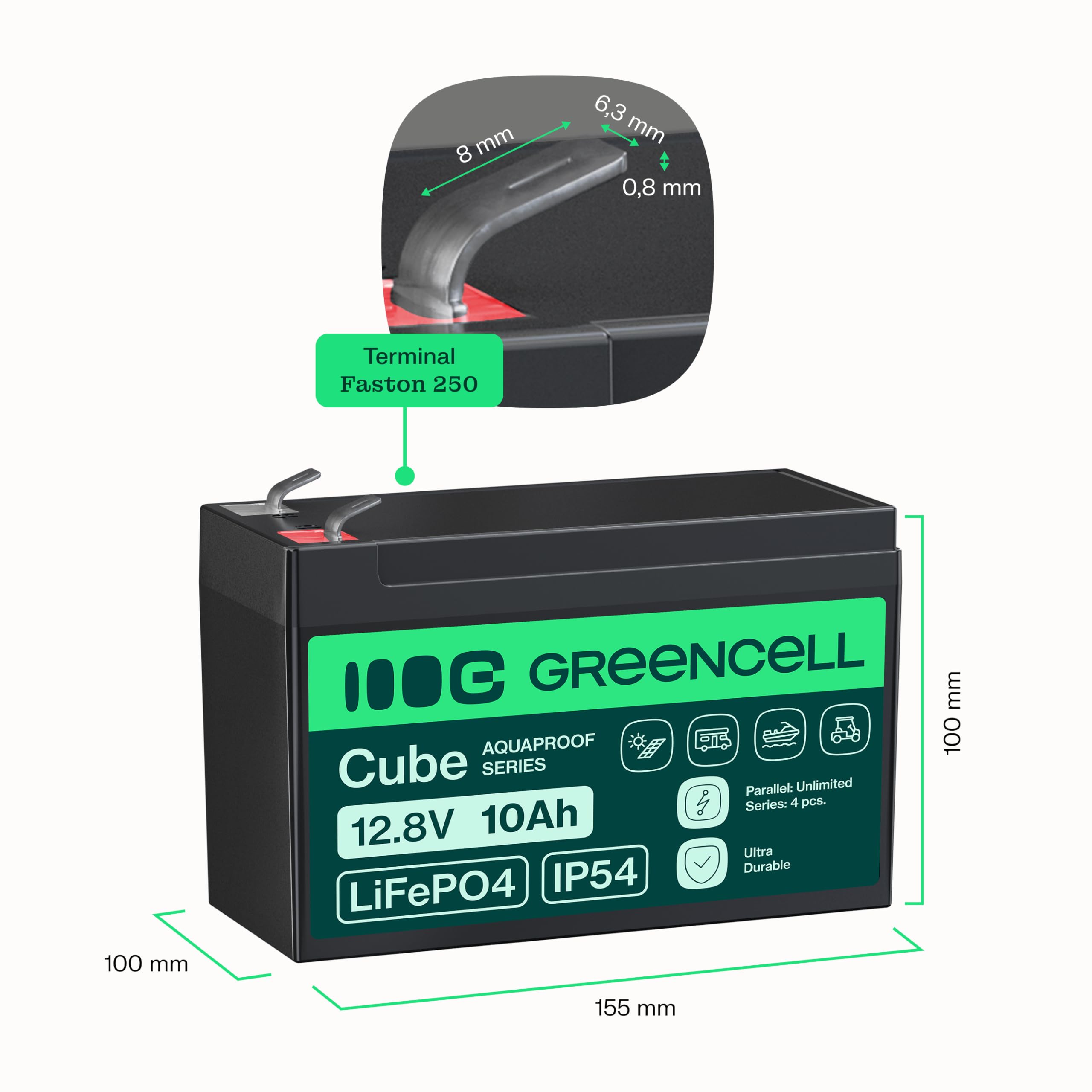 Green Cell Batería Cube LiFePO4 10Ah 12,8 V – Batería de fosfato de Litio para autocaravanas, Barcos, Sistemas solares, Sistemas Fuera de Red, con BMS, Ligera y Segura