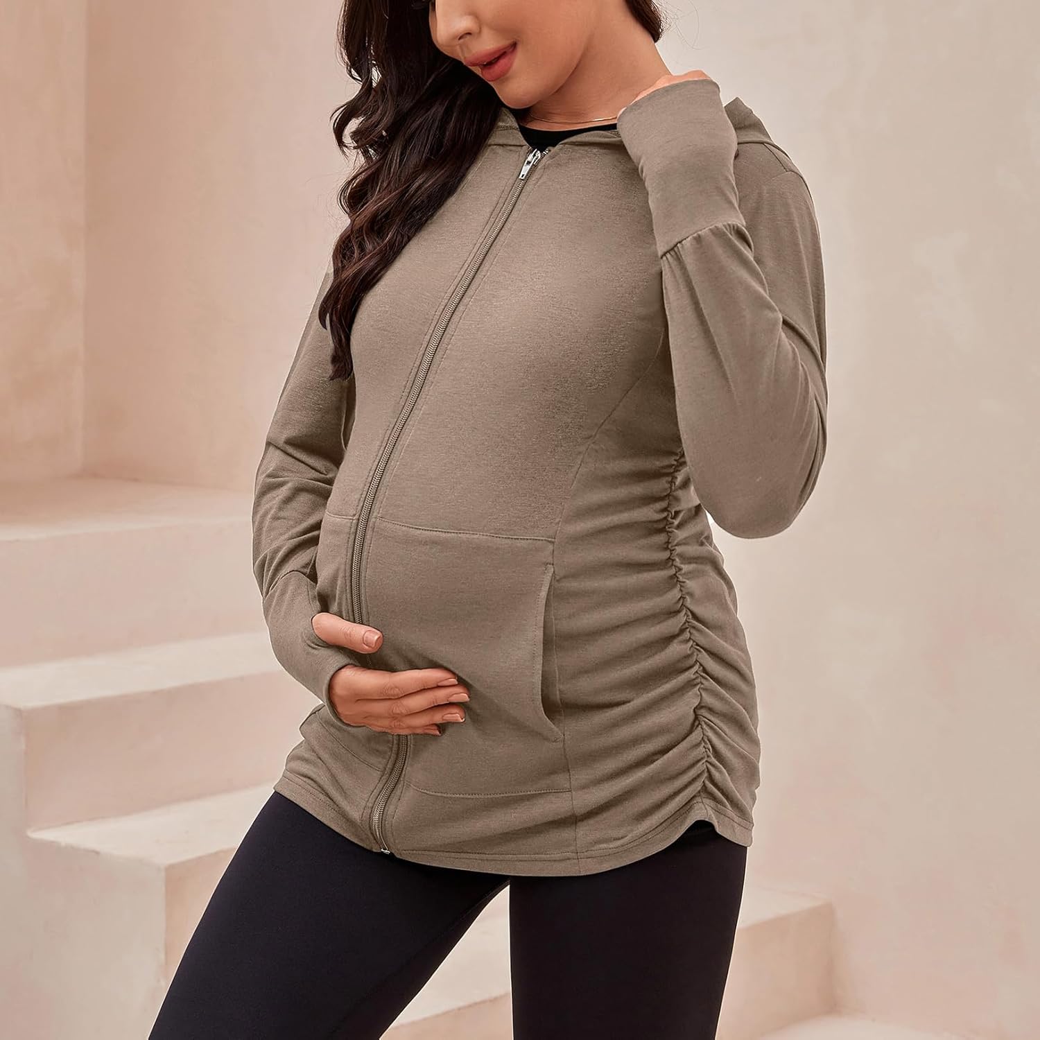 DEBELLY Maternity Sweatshirts Long Sleeve Full Zip Hoodie Casual Pregnancy Women Jacket Top with Pockets,Thumb Hole,Side Ruch - Image 3