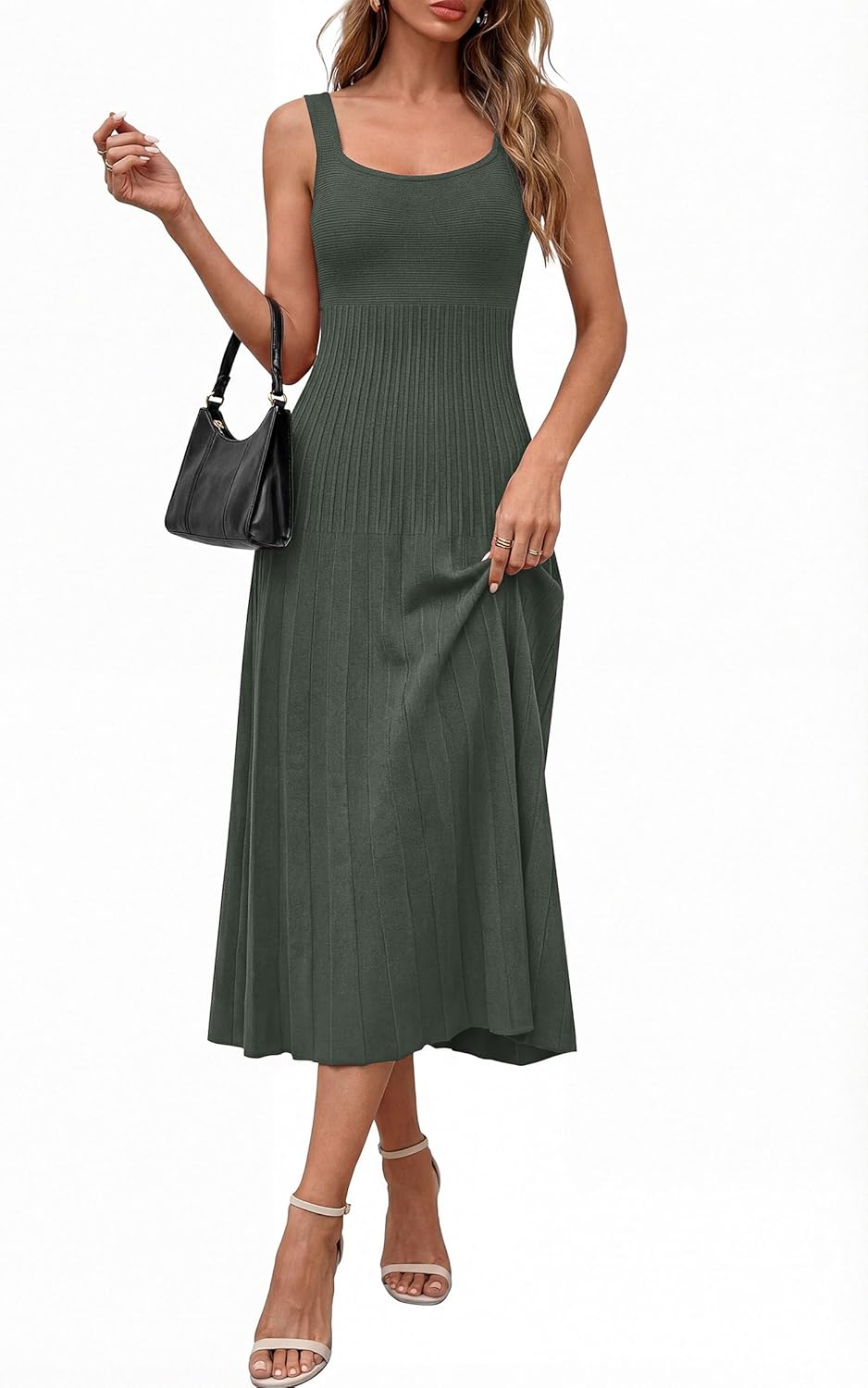 PRETTYGARDEN Spring Dresses for Women 2026 Summer Casual Sleeveless Square Neck A Line Knit Pleated Midi Cocktail Party Dress