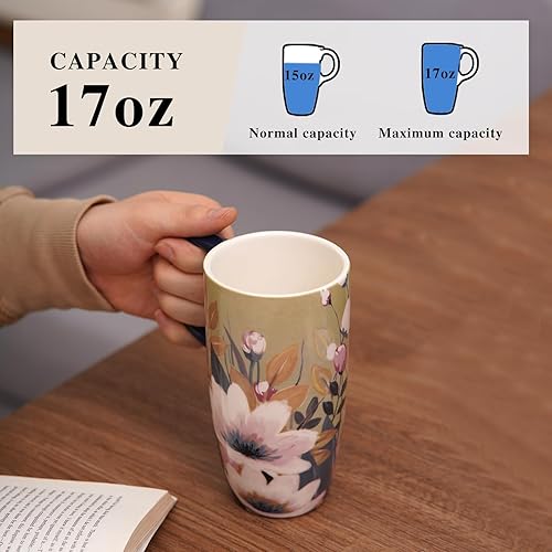 Miniatura 42 de Taza de café de cerámica para regalo con tapa de 17 onzas, taza de té alta de porcelana con asa para el hogar y la oficina, taza con diseño