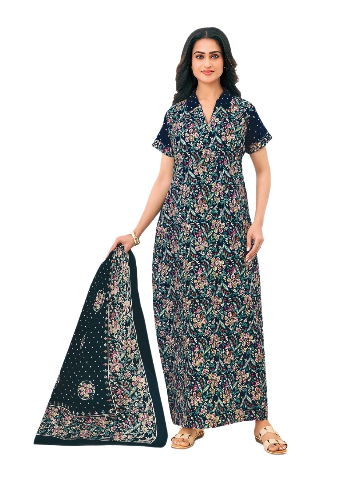 Pranjul Women's Pure Cotton Nighty with Matching Dupatta Set - XXL Size, Breathable Nightwear (Pack of 1)-image-2