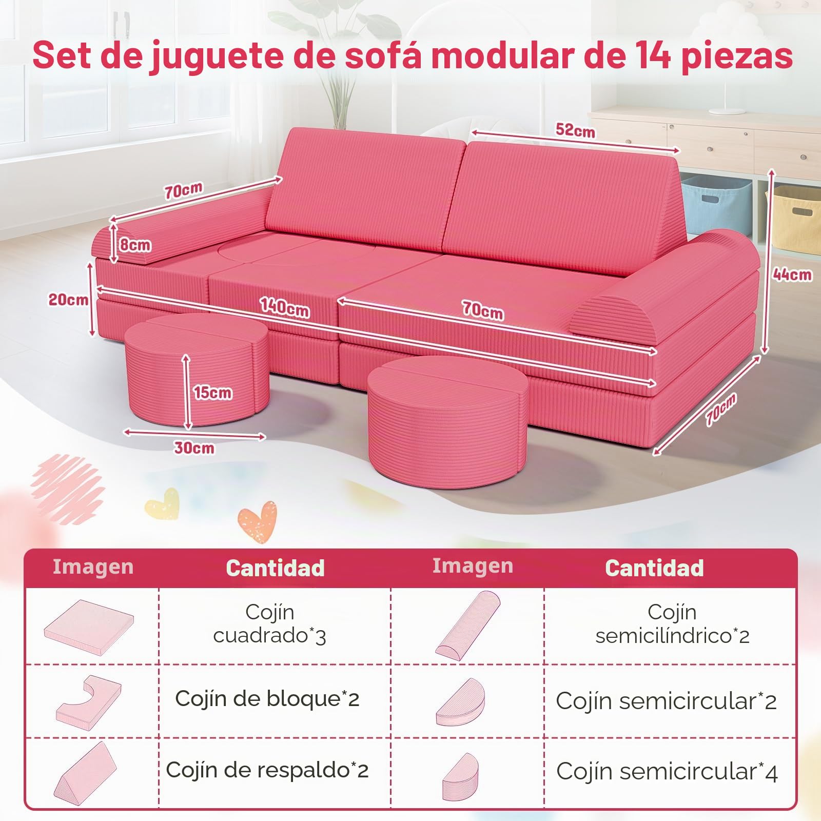 MAMIZO Sofá para Niños, 15 Piezas Sofá Modular para Niños, Sofá Infantil Convertible, Sofá de Juegos para niños para Sala de Juegos, Posibilidades de Juego Infinitas, Hecho de Pana (Rosa)
