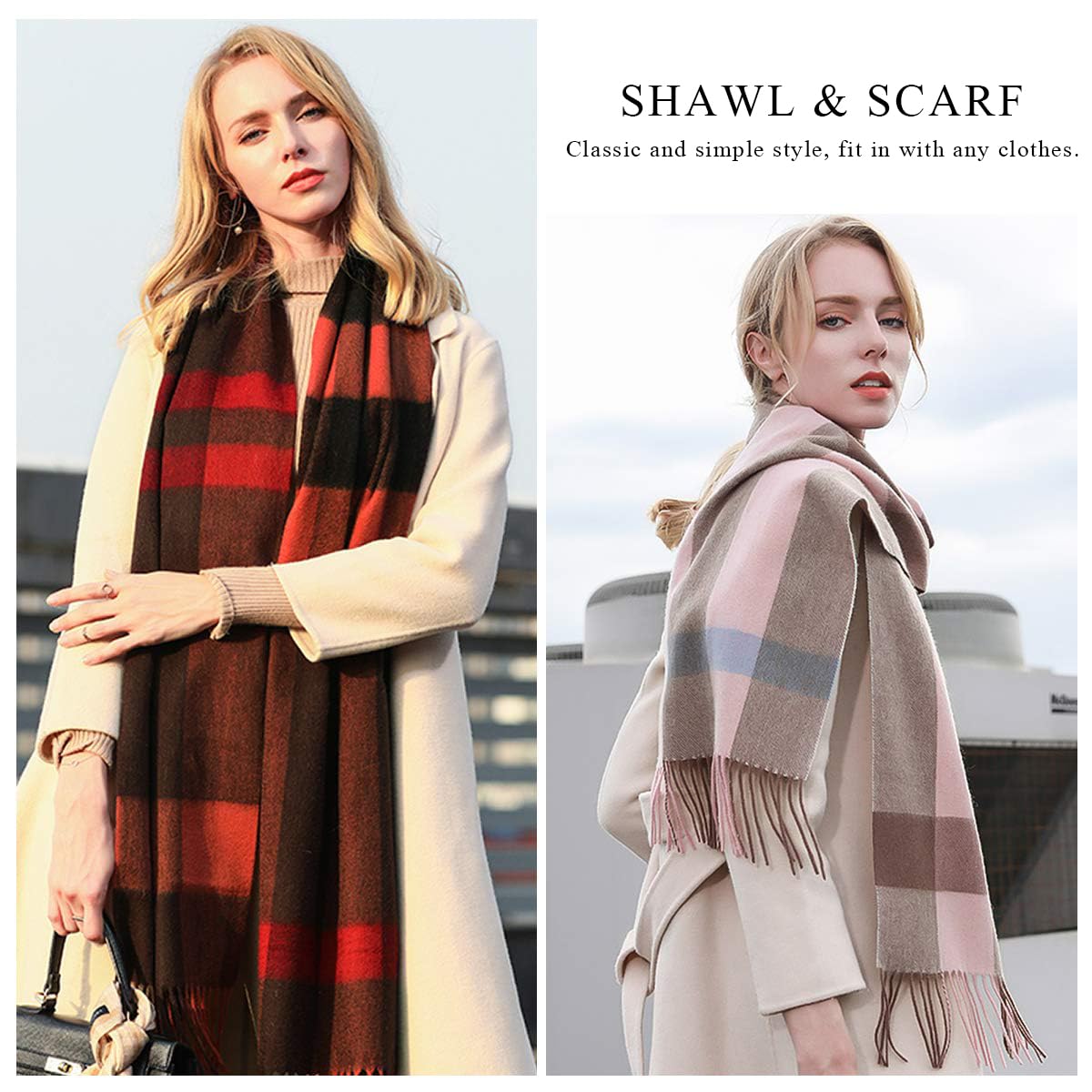 LumiSyne Zimowy senior w kratę kaszmirowy szalik z frędzlami dla kobiet mężczyzn oversize Tartan etola klasyczny wzór karo miękki i pogrubiony szal w kratkę Pashmina, czerwony (Weinrot), jeden rozmiar