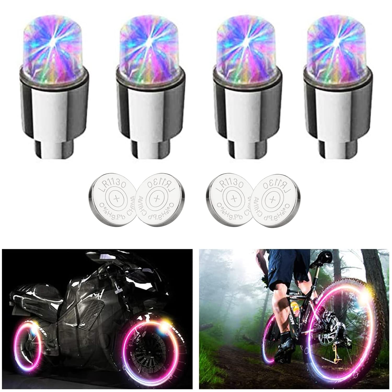 4 Pack LED Valve Stem Caps Lights for Car Tires Bike Truck Golf Cart Wheel Assemblies Light up Air Neon Bicycle Motorcycle Tyre Valve Lights with 12 Extra Batteries (Colorful)
