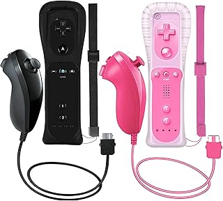 2 Packs Remote Controller and Nunchuck for Wii/Wii U Console, Gamepad with Silicone Case and Wrist Strap for Holiday (Black and Pink)