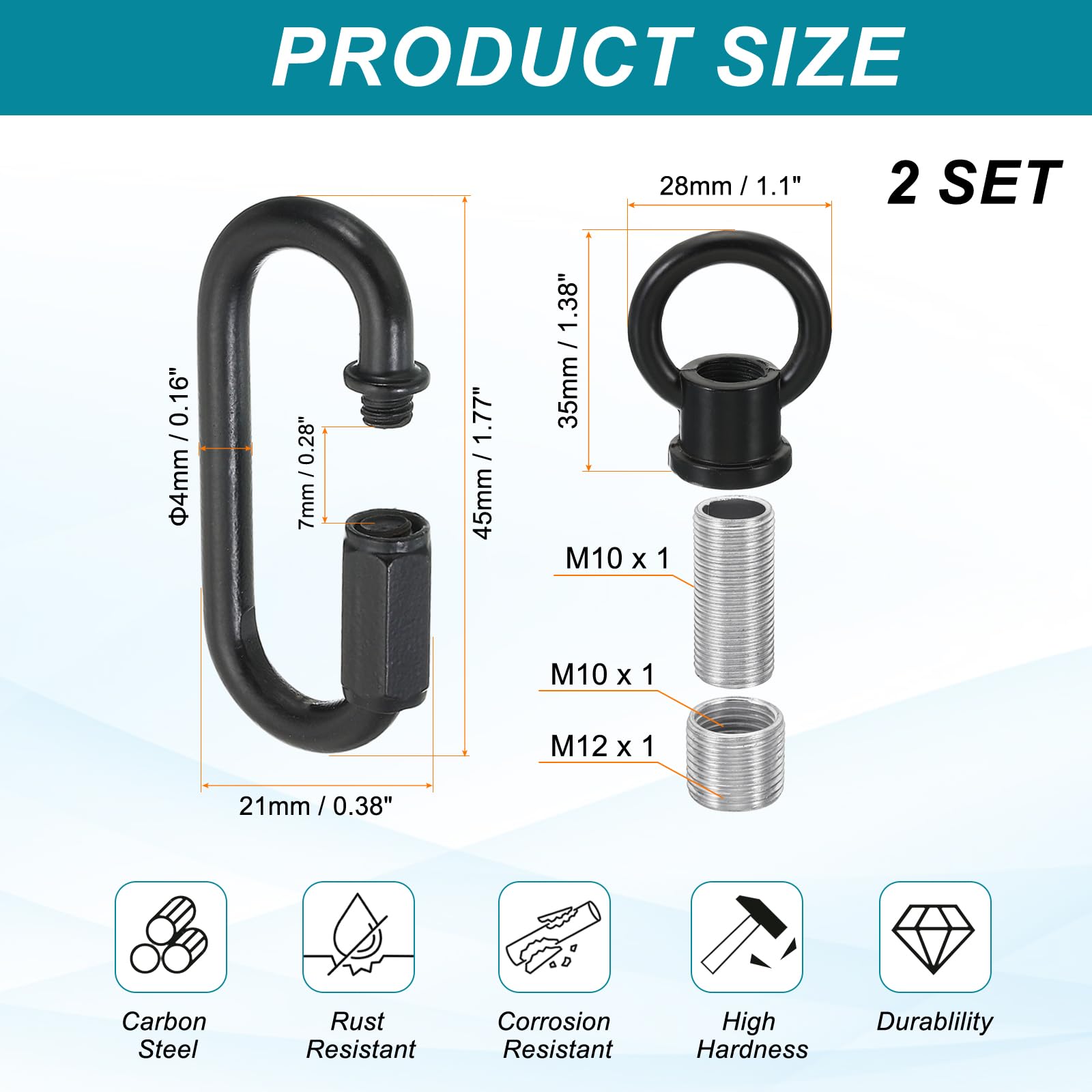 PATIKIL M10 Fine Thread Lamp Female Loop Holder with M12 Adapter Chain Quick Link - Image 2