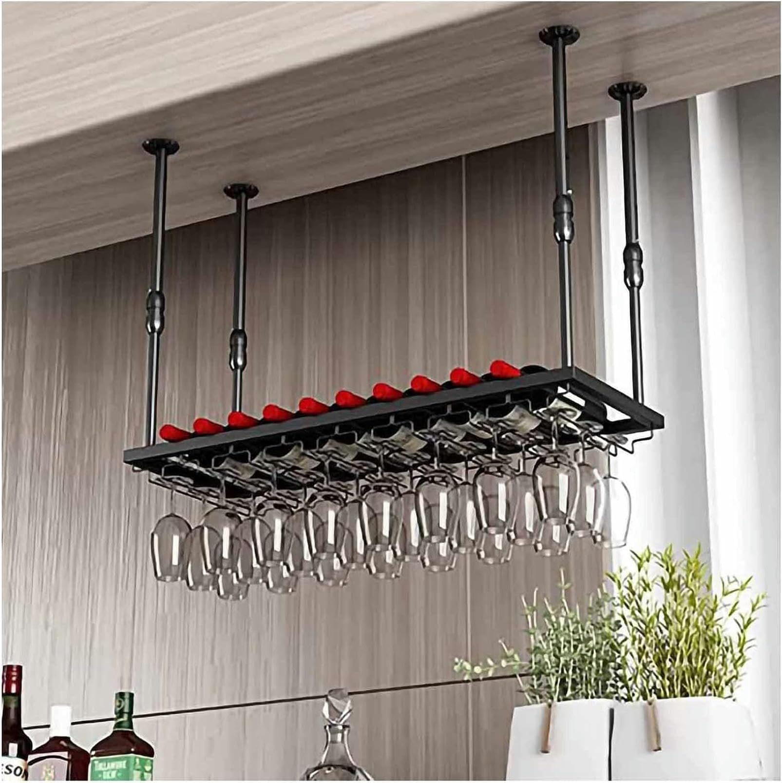 Ceiling Mounted Storage Racks Ceiling Wine Glass Rack,Hanging Wine Glass Rack,Height Adjustable Hanging Wine Rack Cabinet,Wall-Mounted Wine Glass Rack Perfect For Bar Caf,Black,100 * 30Cm