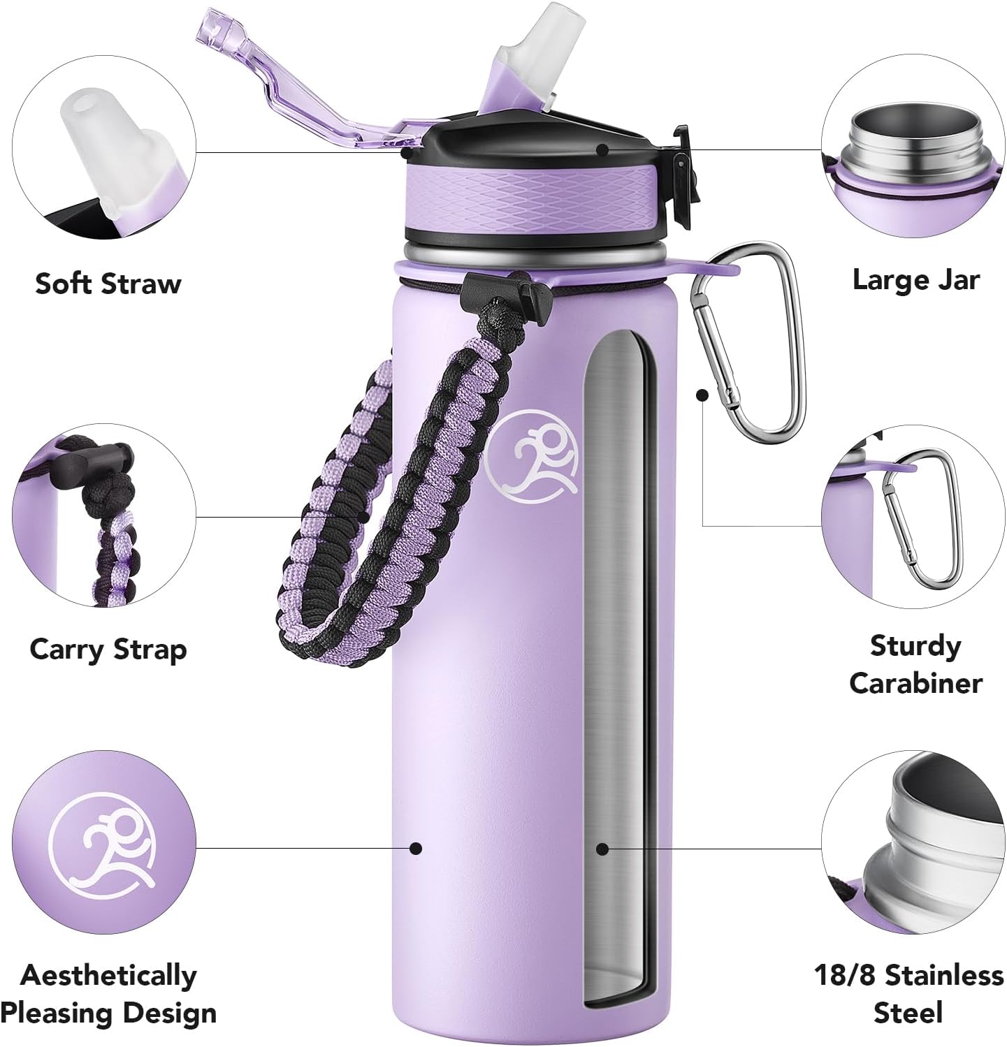 GOSWAG Insulated Sports Water Bottle, 24oz 2 Lids(with Straw/No Straw), Stainless Steel Water Bottles with Paracord Handle, Insulated Bottle with Double-Wall Vacuum Insulation - Image 3