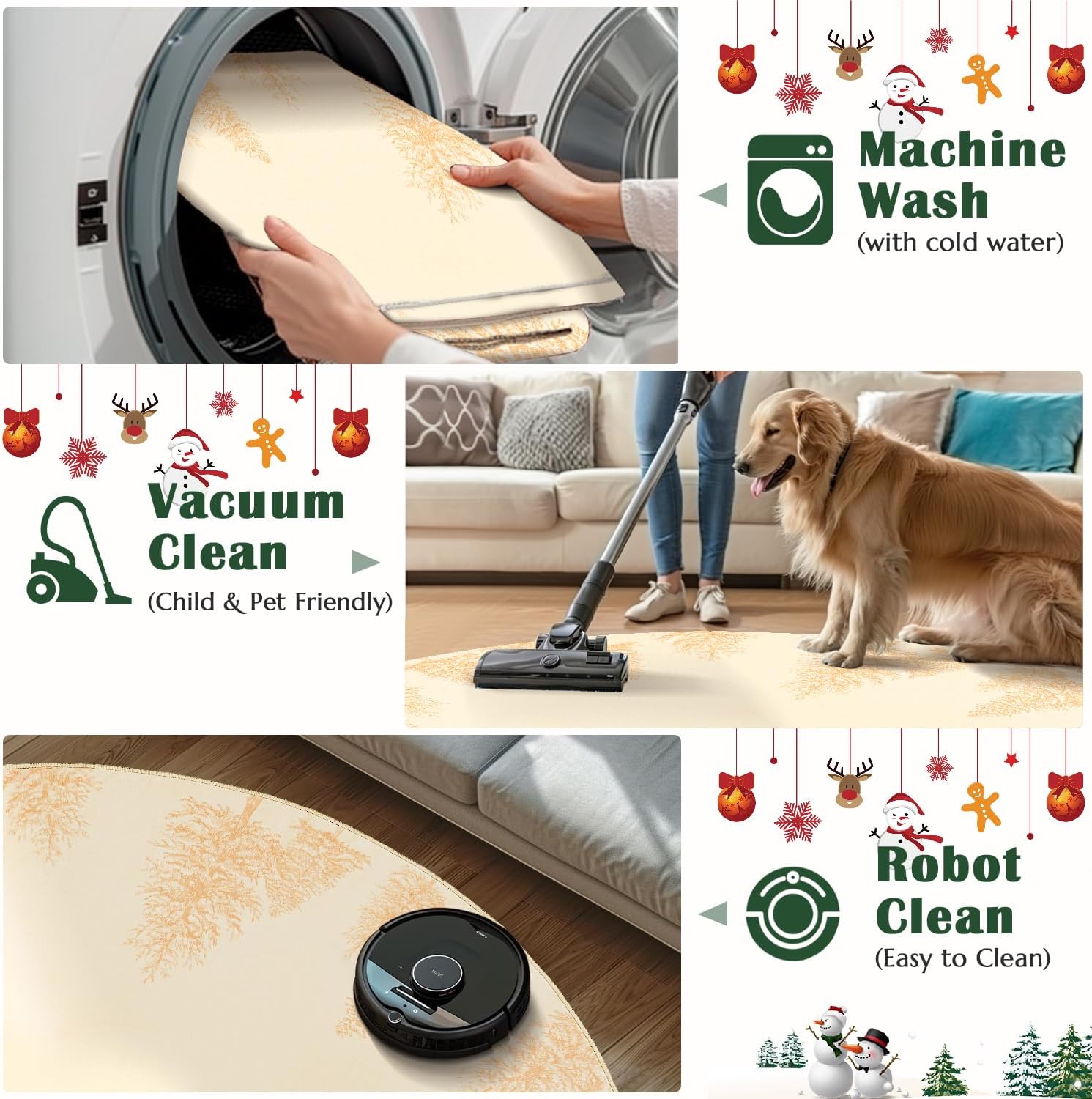 COLLACT Christmas Round Rug 5ft Gold Xmas Tree Rug Washable Non Slip Soft Circle Round Holiday Decor Floor Carpet for Kitchen Bedroom Bathroom Laundry Foyer Nursery Living Room