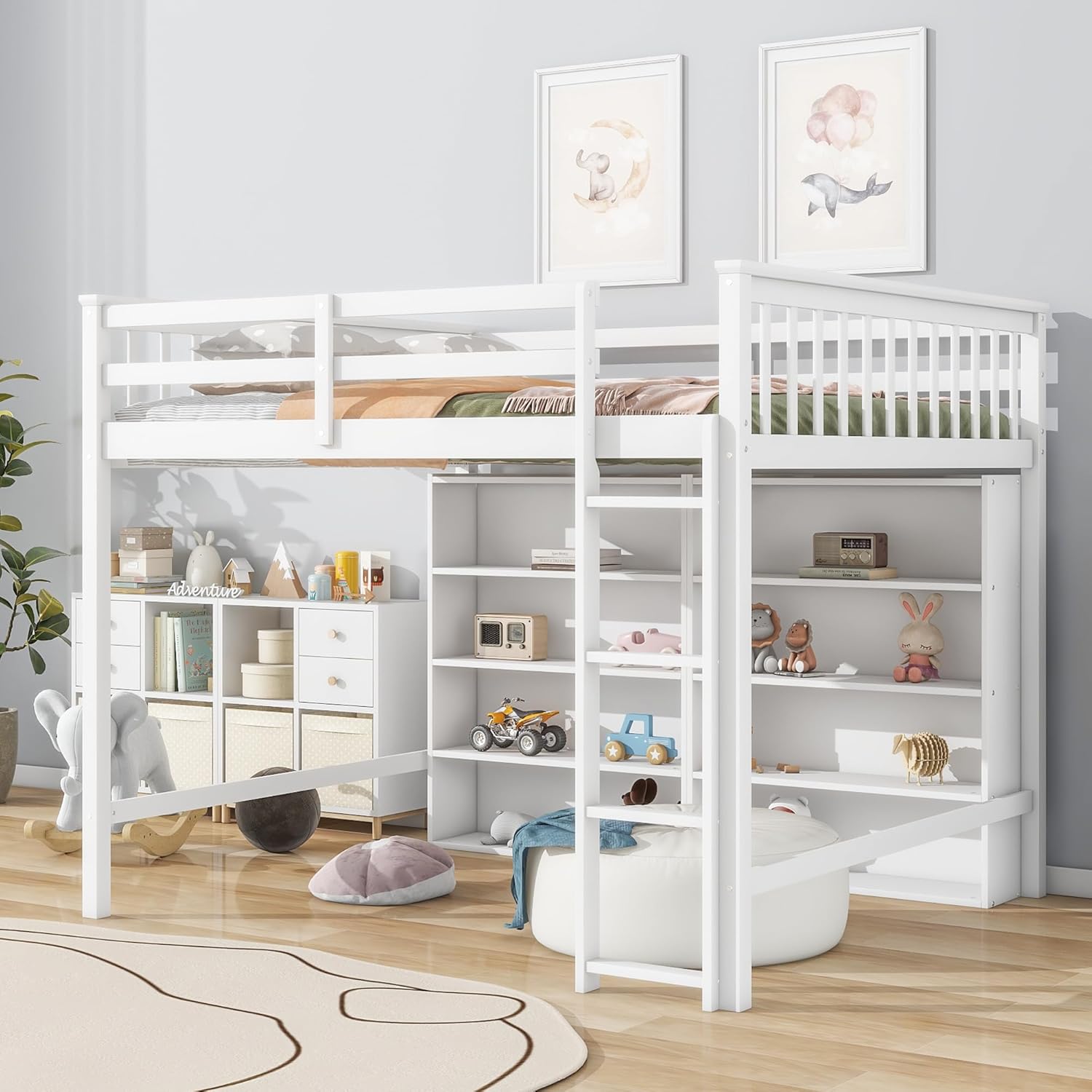 (Box 2 of 2) Merax Full Size Loft Bed Frame with Ladder and Storage Shelves, White Full w/Shelves White