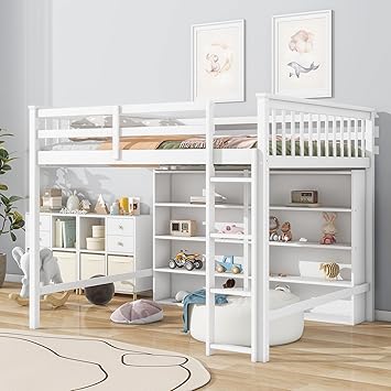 Full Size Loft Bed with 8 Open Storage Shelves and Built-in Ladder