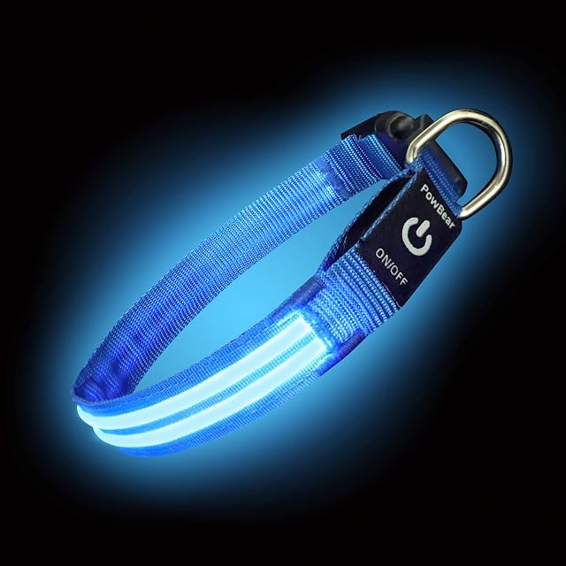 PowBear Light up Dog Collars -100% Waterproof - USB Rechargeable - Ultimate Bright LED Safety Collar for All Dogs - Stay Safe & Visible, Premium Nylon & Adjustable Buckle(Blue, S)