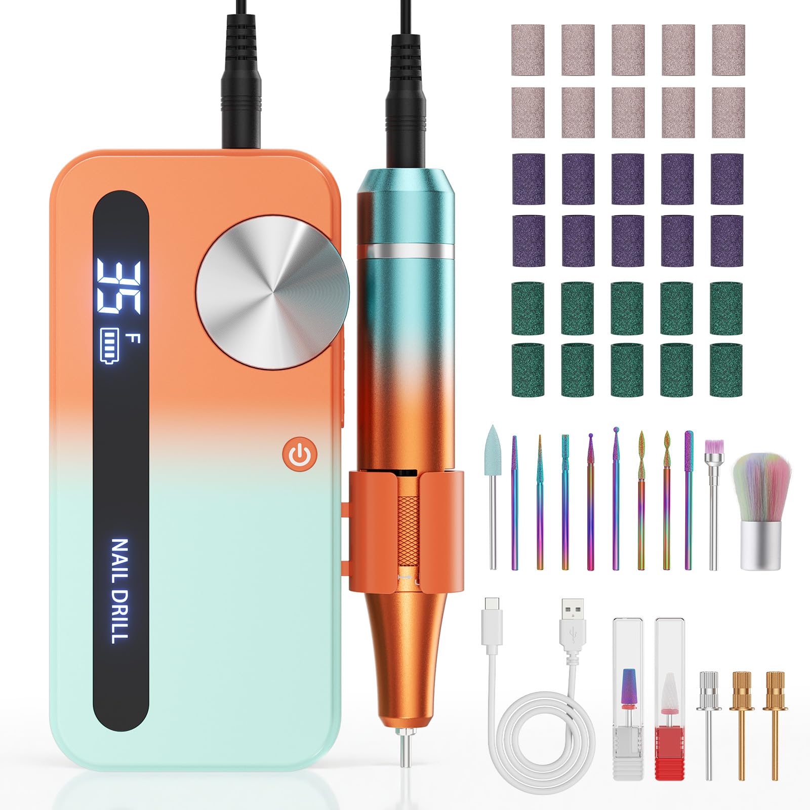 Fresa elettrica per unghie con 12 inserti lucidanti e 30 nastri abrasivi, 0-35.000 giri/min per manicure e pedicure per tagliare, limare, modellare e curare unghie e cuticole, Regolabile (Arancione)