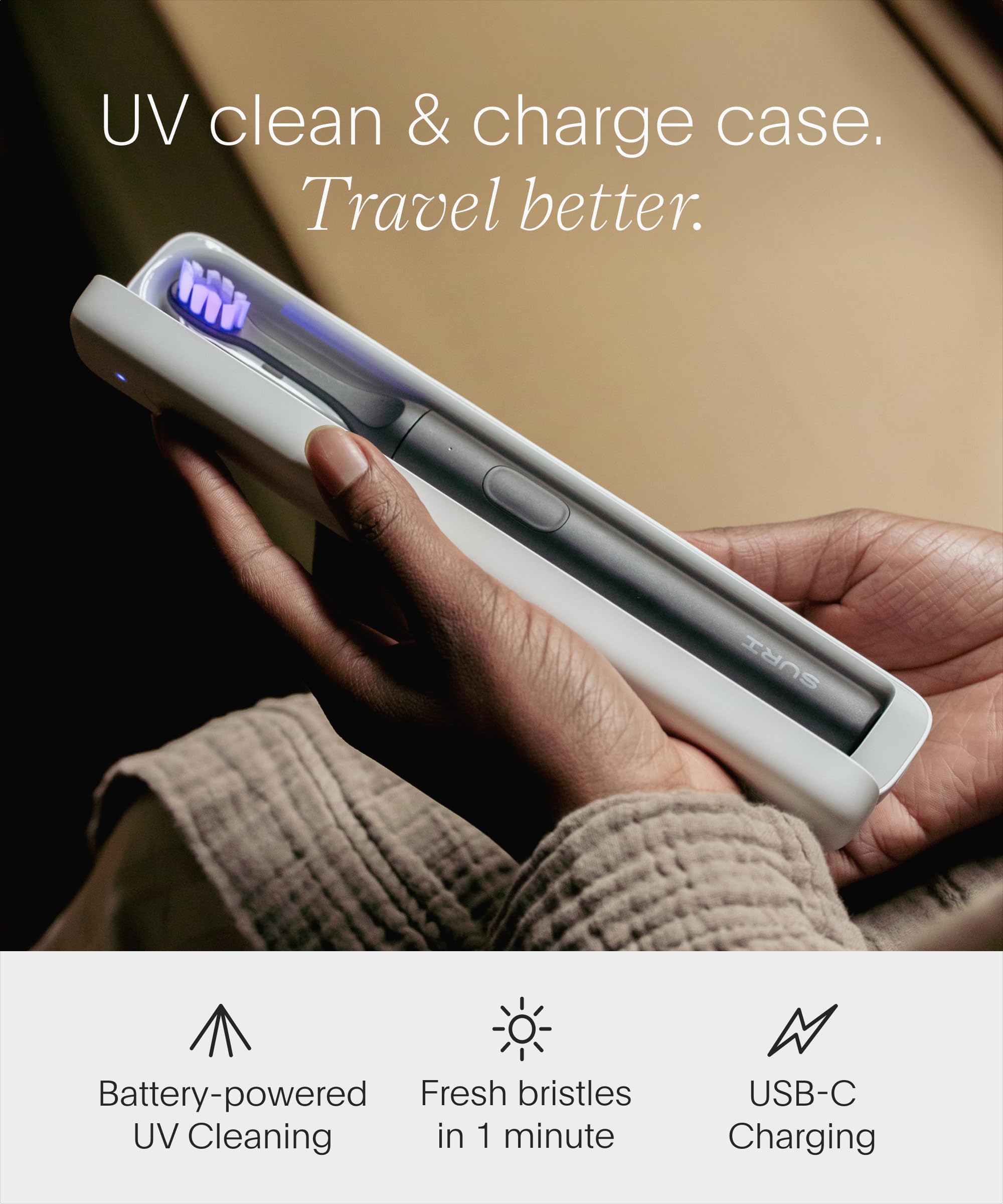 SURI 2.0 Nuevo cepillo de dientes eléctrico sónico con sensor de presión y estuche de viaje de limpieza UV | 1 mes + batería | Cepillo de dientes eléctrico para adultos | Cepillos de dientes de viaje