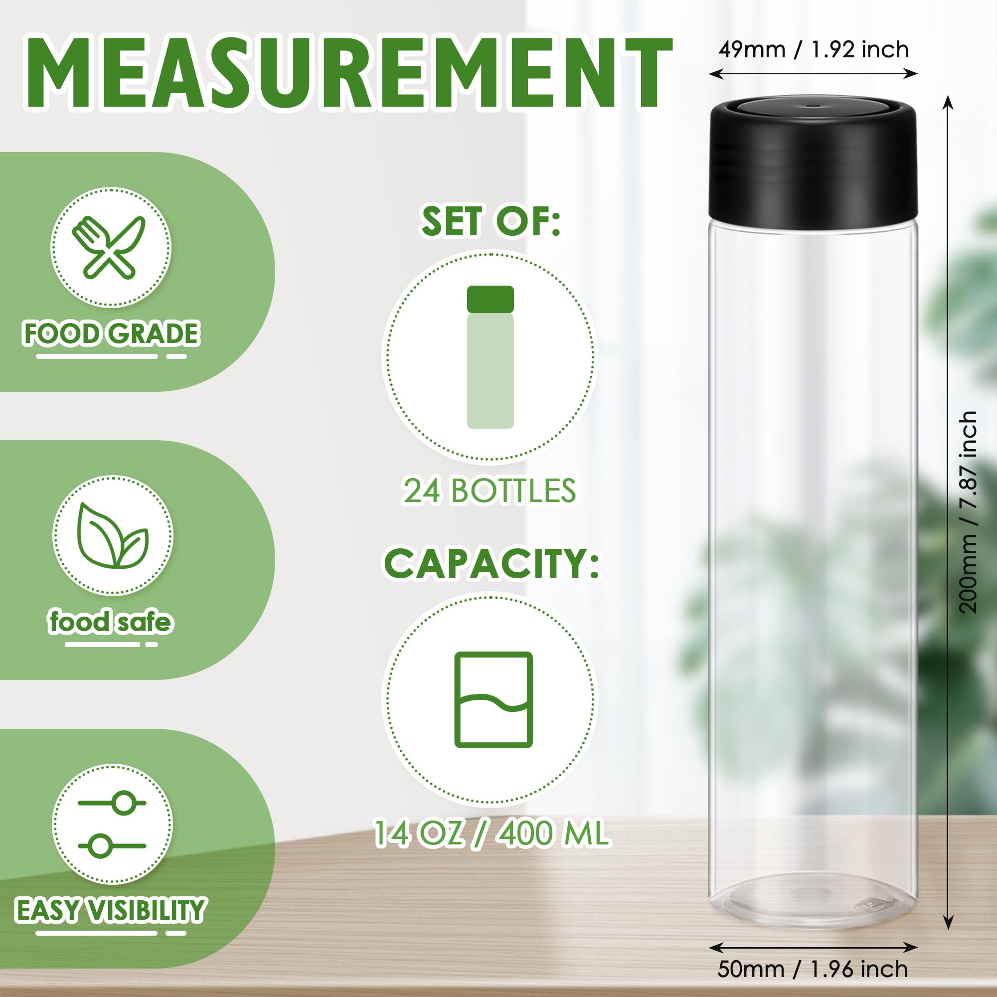 Lallisa 24 botellas de jugo de plástico de 13.5 onzas y 400 ml con tapas, botellas sensoriales reutilizables con tapas negras, botellas de agua a granel, recipientes vacíos transparentes para
