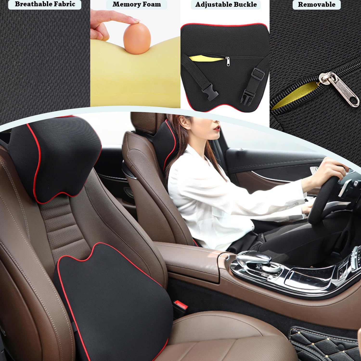 GUKIYUSI Lumbar Support Pillow and Neck Pillow for Car and Office Chair, Memory Foam Car Seat Cushion Back Support Pillows, Ergonomic Pillow Car Headrest Pillow for Driving/Office/Desk, Black