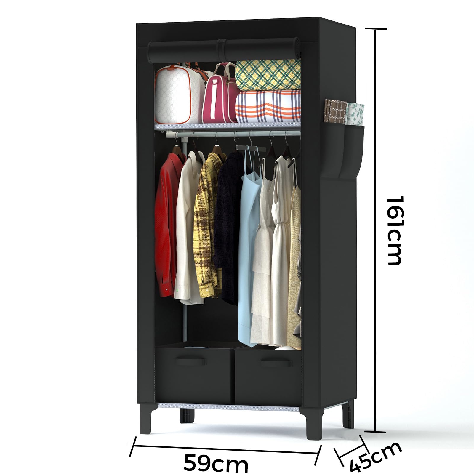 Armoire en tissu avec tringle à vêtements, armoire portable stable avec revêtement pour chambre à coucher et dressing