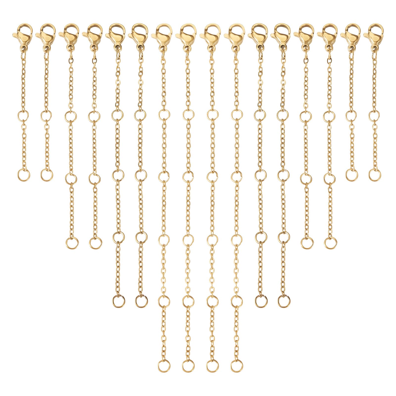 PandaHall 16pcs 304 Stainless Steel Necklace Chain Extenders 18K Gold Plated Extension Chain End Chains with Lobster Claw Clasps for Jewelry Making