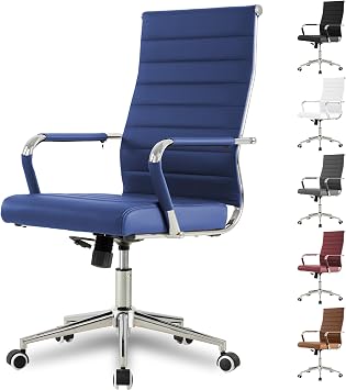 Okeysen Navy Blue Office Desk Chair, Ergonomic Leather Modern Conference Room Chairs, Executive Ribbed Height Adjustable Swivel Rolling Chair for Home Office.