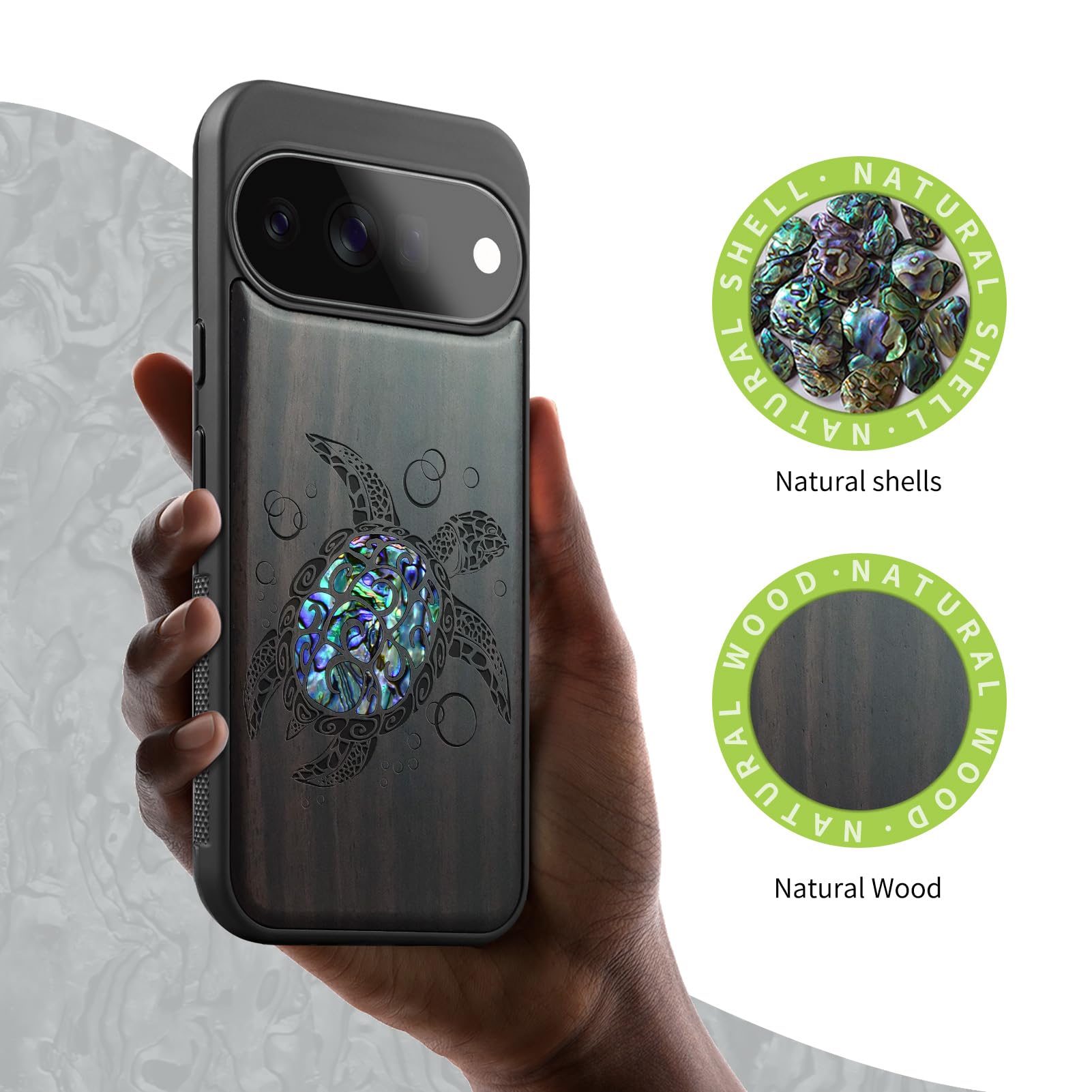 Carveit Madera Funda para Google Pixel 11 (Oscura-Tortuga Marina) | Compatible con MagSafe [Grabado en madera e incrustación de mejillones] Magnética Cover para Pixel 11 Carcasa