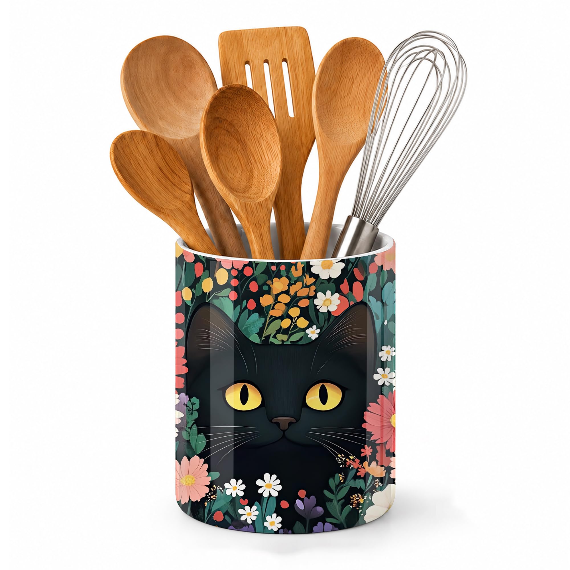 Axxitude Cute Black Cat Ceramic Kitchen Utensil Holder for Countertop,Funny Flower Large Utensil Crock for Kitchen Counter,Cooking Utensil Organizer for Spatulas,Spoons