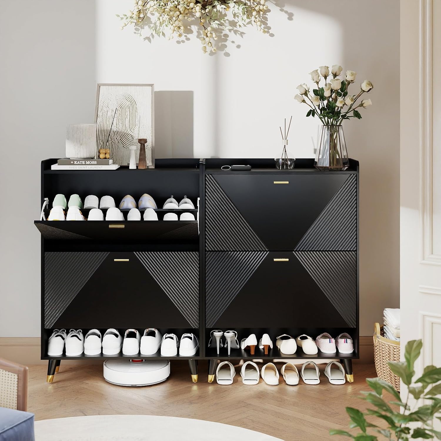 Ultra Thin Shoe Cabinet Storage for Entryway: 32" Black Narrow Shoe Cabinet with 2 Flip Drawers, Fluted Shoes Rack Hidden, Modern Slim Shoes Organizer for Hallway (Black, 2 Drawers)