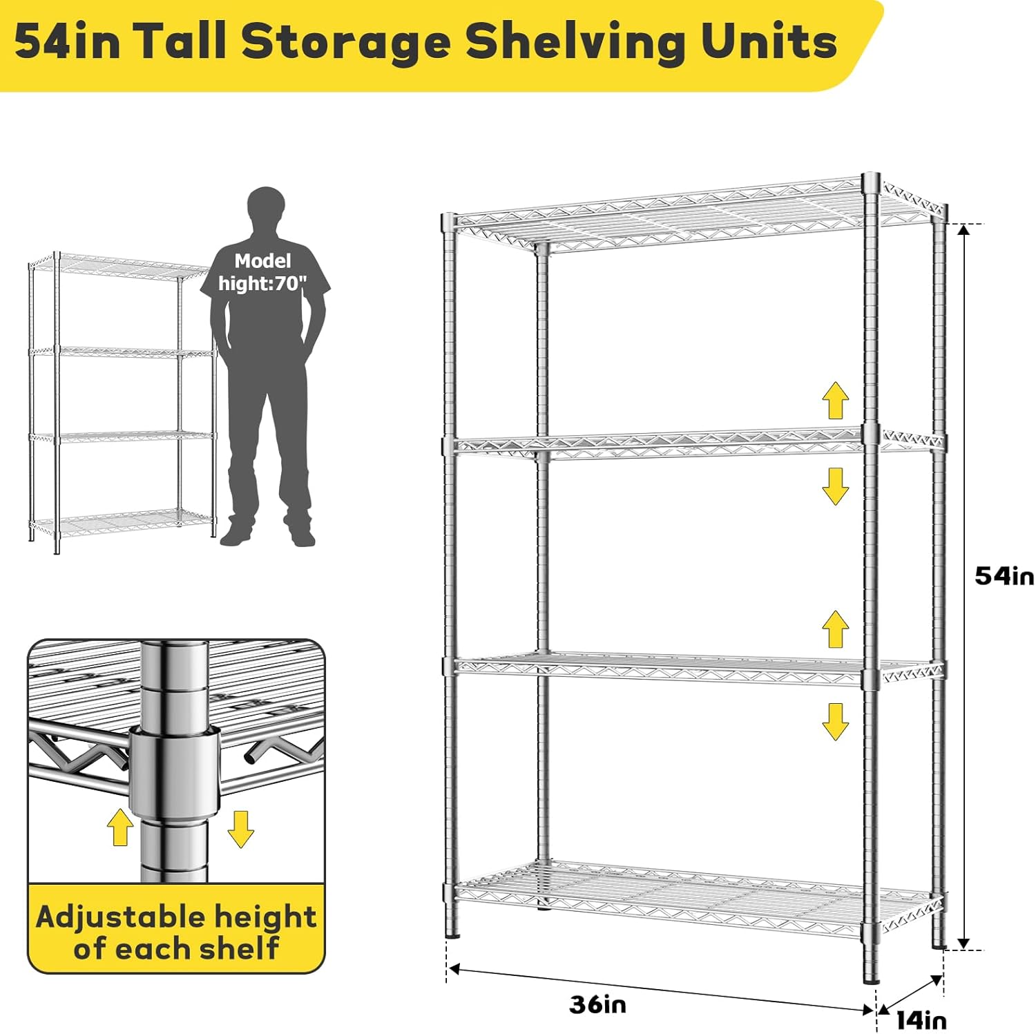 storage shelves heavy duty, 36" l x 14" w x 54" h garage wire shelving unit loads 1400lbs, 4-tier adjustable metal industrial utility shelf rack for kitchen, laundry room, pantry, warehouse, basement 4 tier 36" l x 14" w x 54" h 1 pc chrome