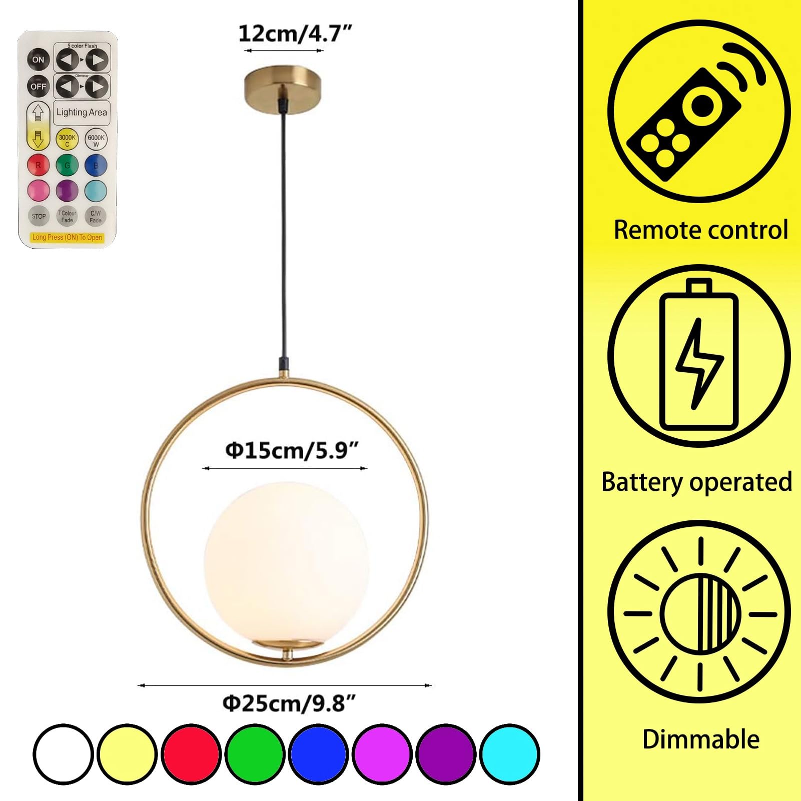 Moderne Hängelampe mit Batterie, Hängeleuchte ohne Stromanschlus,s kabellose Pendelleuchte mit Fernbedienung 9 Farben dimmbar, perfekte dekorative Lampe batteriebetrieben für jeden Raum.(Brass)