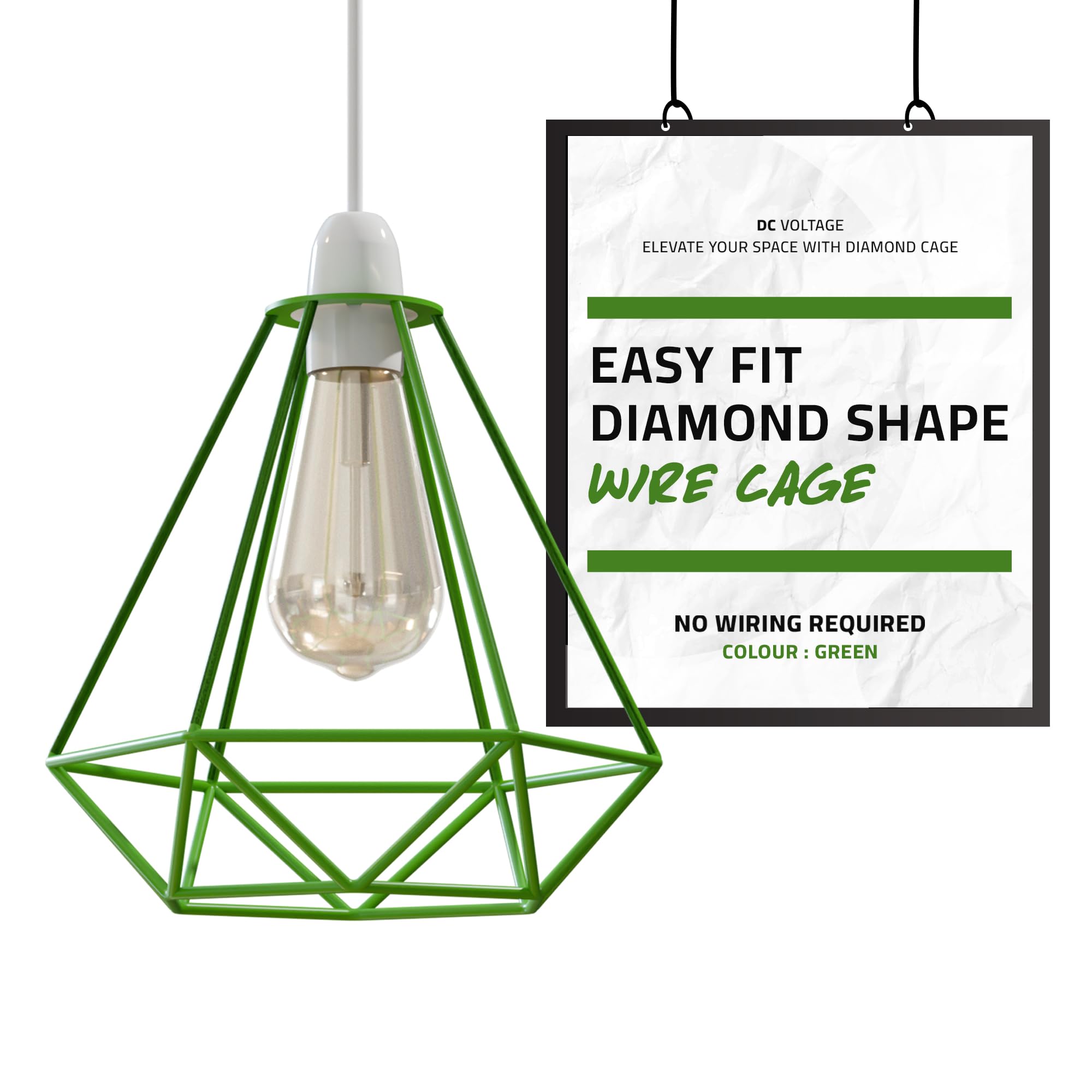 DC VOLTAGE Modern Easy Fit Metal Geometric Ceiling Pendant Light Shades Bulb Guards Wire Cage Lampshades for Kitchen, Living Room, Bedroom (Green)