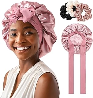 Satin Bonnet for Women Tie Band Hair Bonnet for Sleeping Large 2 Layered Silk Sleeping Cap Nightcap for Sleeping with 3PCS Hair Scrunchies (Dust rose(Bonus3 hair scrunchies))