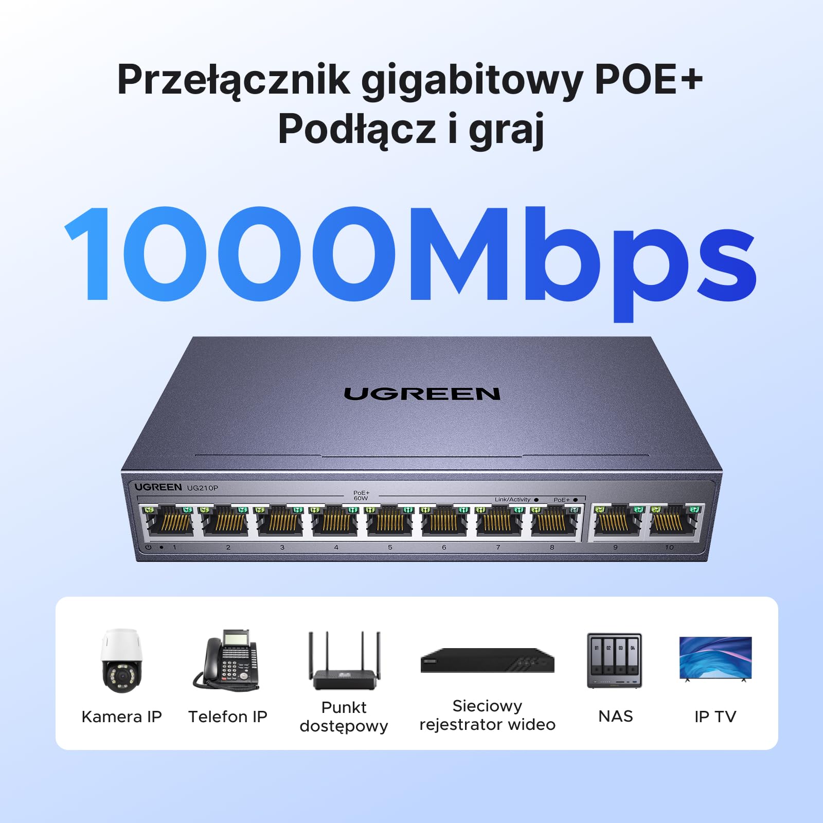 UGREEN Przełącznik sieciowy Gigabit PoE LAN z 10 portami, 8 przełącznikami PoE + 2 portami Gigabit Uplink,przełącznik sieciowy idealny do rejestratorów NVR, kamer IP，Niezarządzane