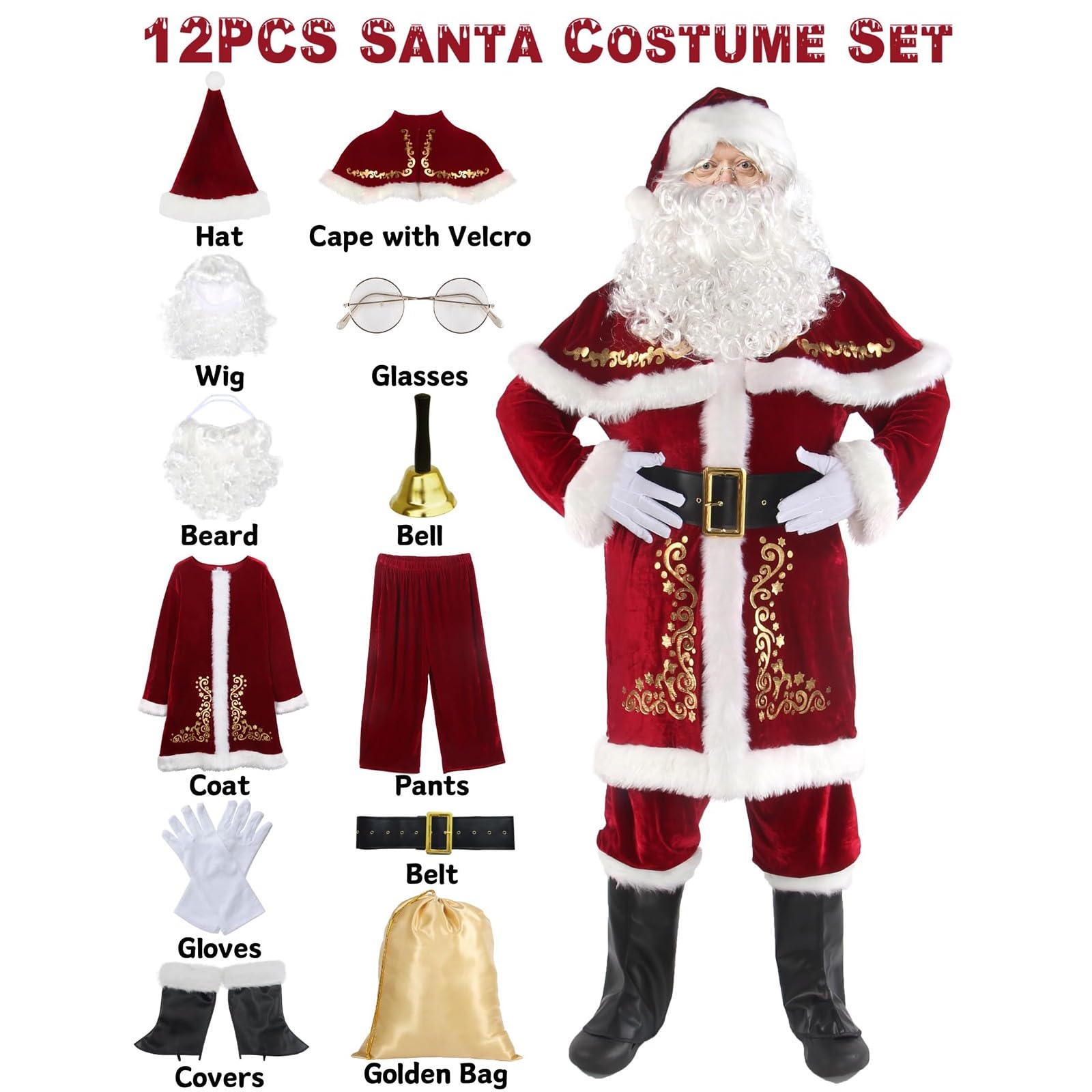 12pcs Costume de père noël Ensemble, noël Grande Taille Costume, père noël en Velours de Luxe pour Hommes Adultes Adolescent M - 5XL, Costume de Père Noël pour Hommes