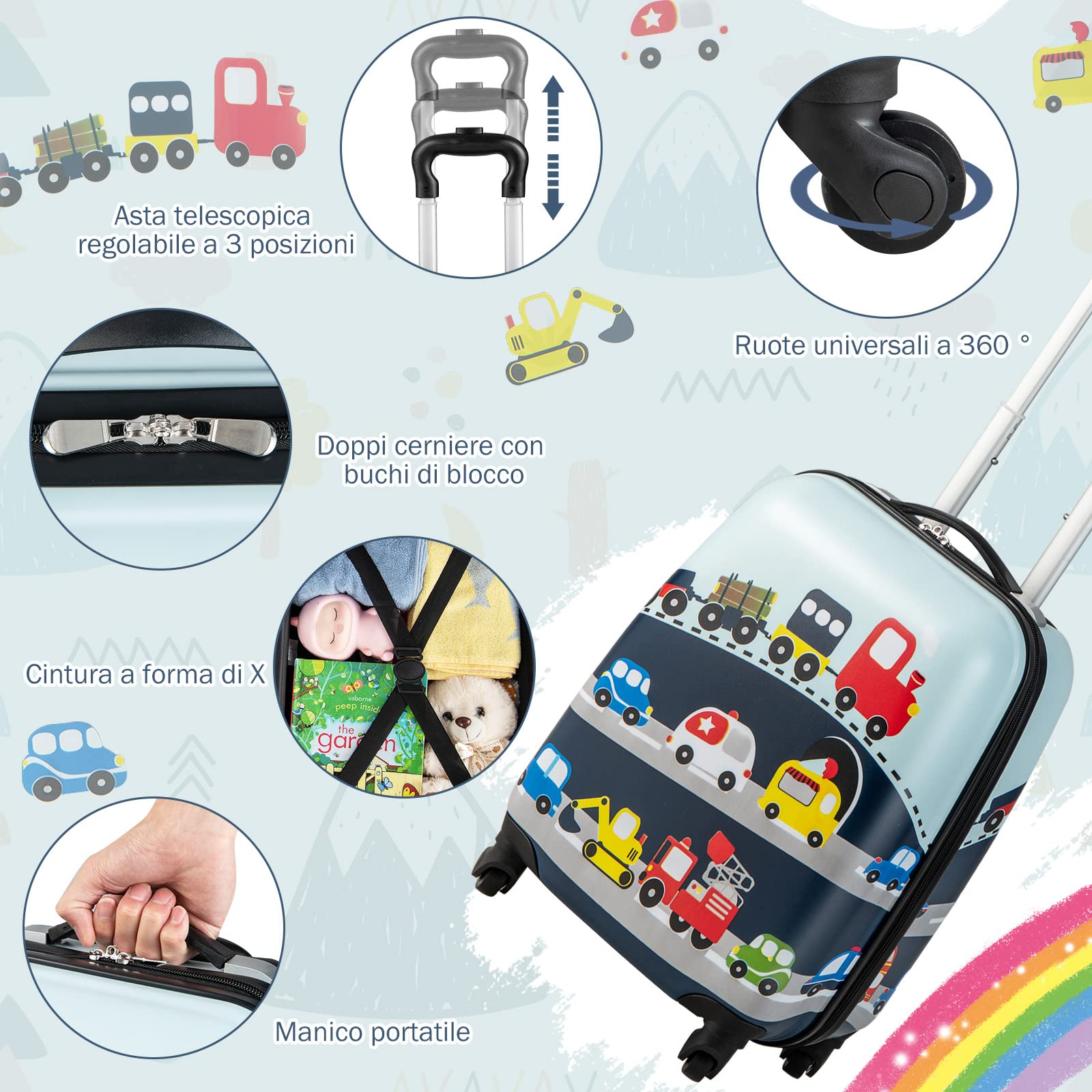 GYMAX Set di Valigia per Bambini, Trolley Bagaglio di 2 Pezzi a Mano Cavalcabile con Cinghia e Tracolla, Valigia Rigida con Ruote e Zaino, Regalo per Bambino e Bambina (12"+16", Aereo Auto)