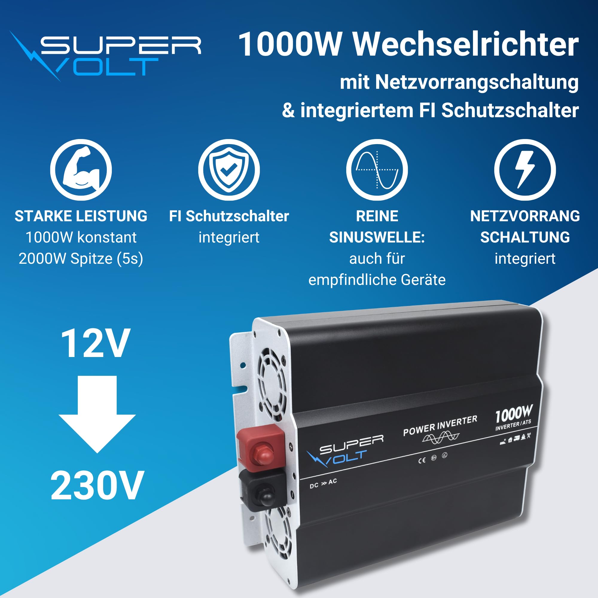 Falownik 12 V na 230 V, 1000 W, czysty sinus z przełącznikiem priorytetowym i ochroną FI, do wrażliwych urządzeń, z pilotem zdalnego sterowania, USB i puszkami Schuko, idealny do kamperów