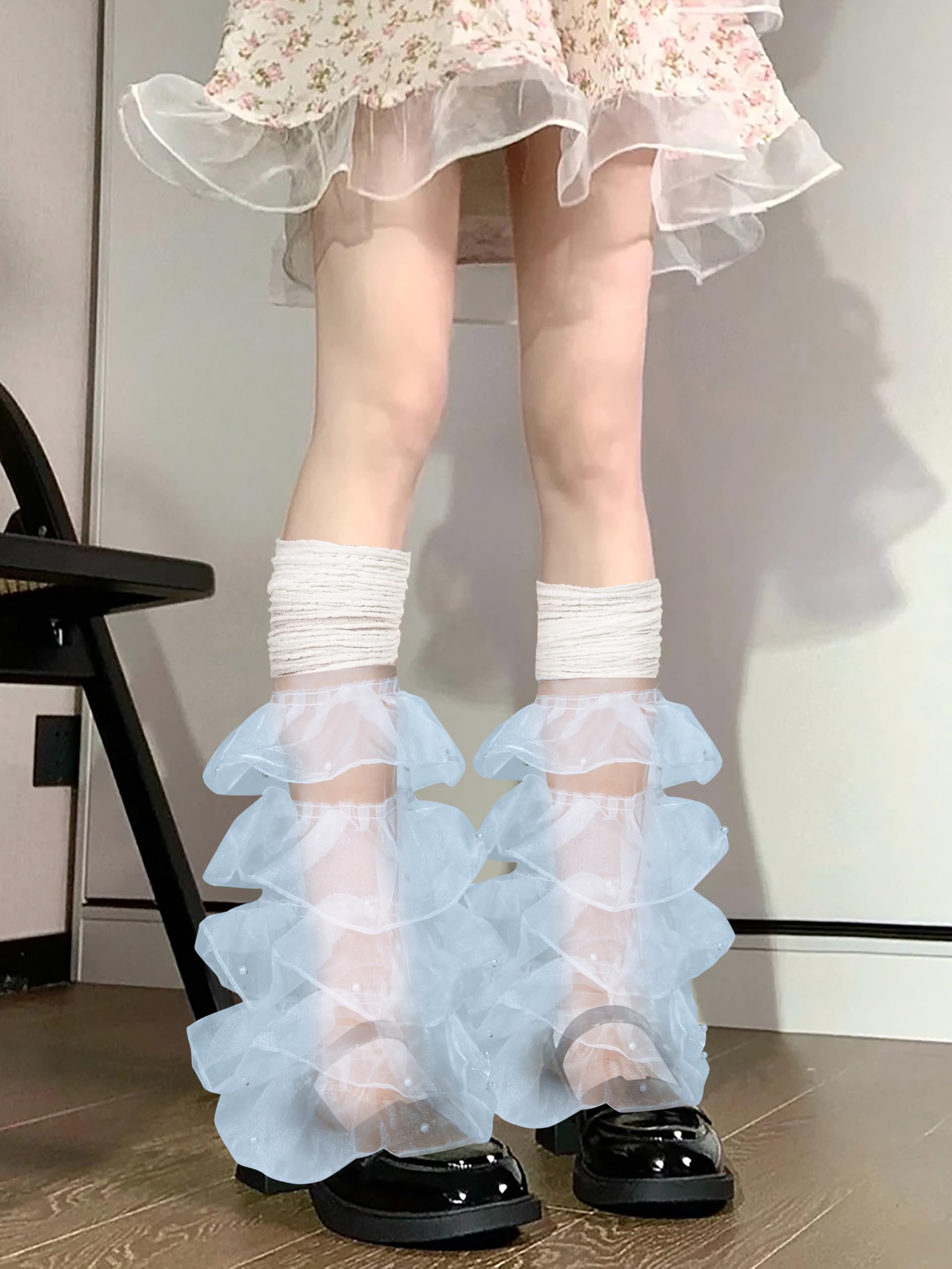 Benefeet Sox Women Lace Leg Warmers with Pearls Girls Cute Mesh Ruffle Thigh Highs Lolita Y2k Fashion Slouch Long Boot Socks: Blue Pearls Lace Ruffle