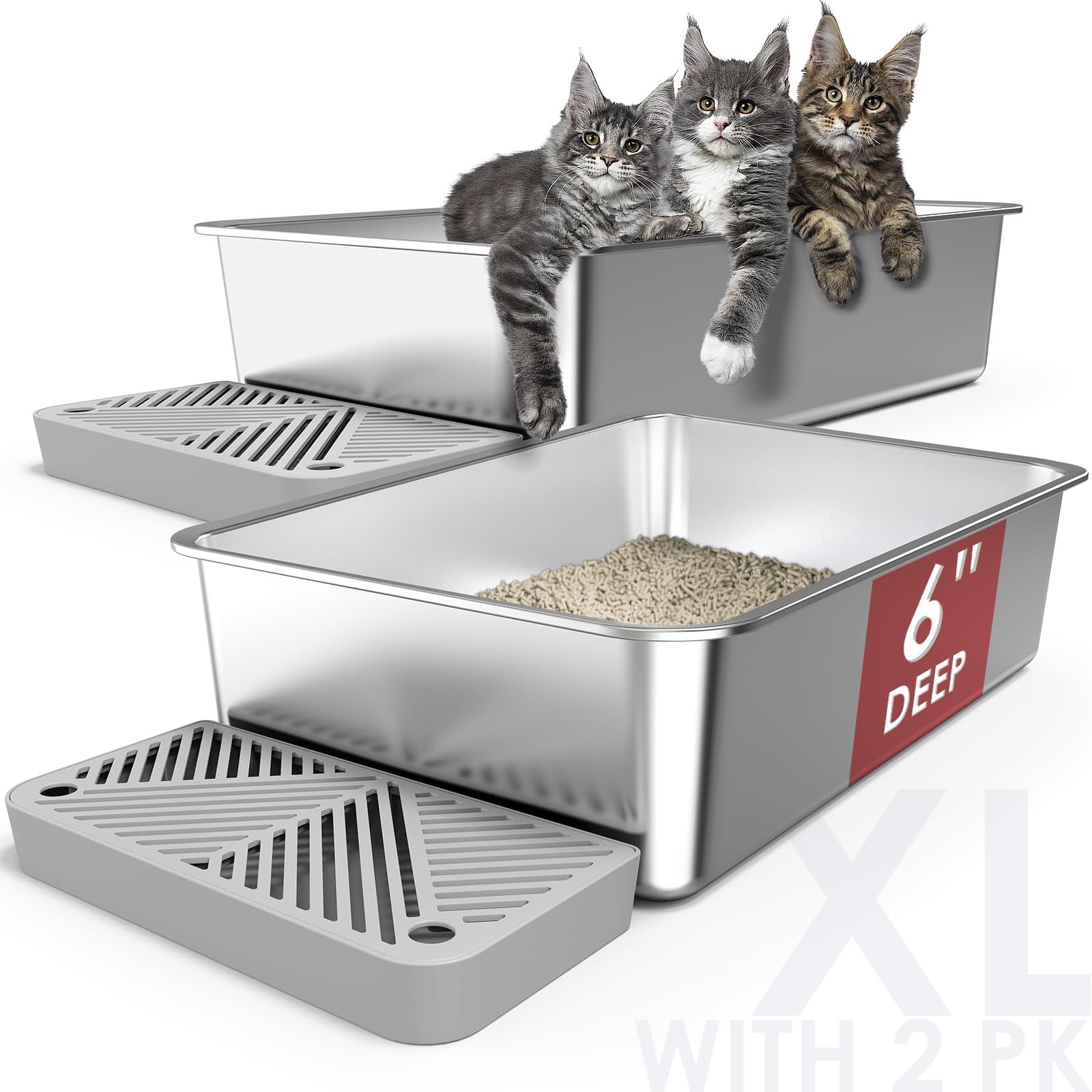 VehiGo Extra Large Metal Cat Litter Box, Stainless Steel