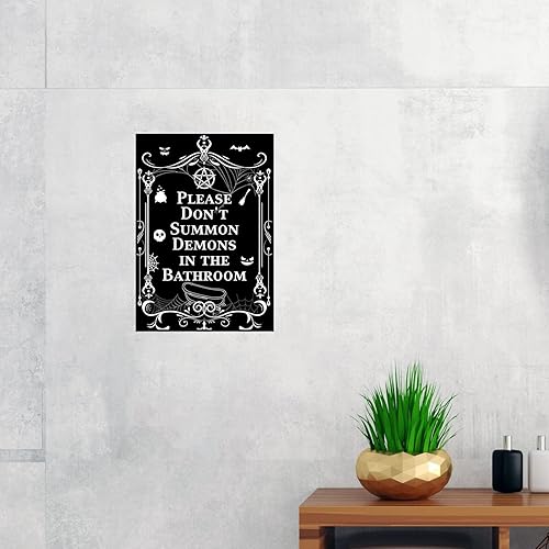 Miniatura 7 de Decoración de Halloween con texto en inglés Please Don't Summon Demons in the Bath, póster de metal divertido gótico para Halloween, decoración de
