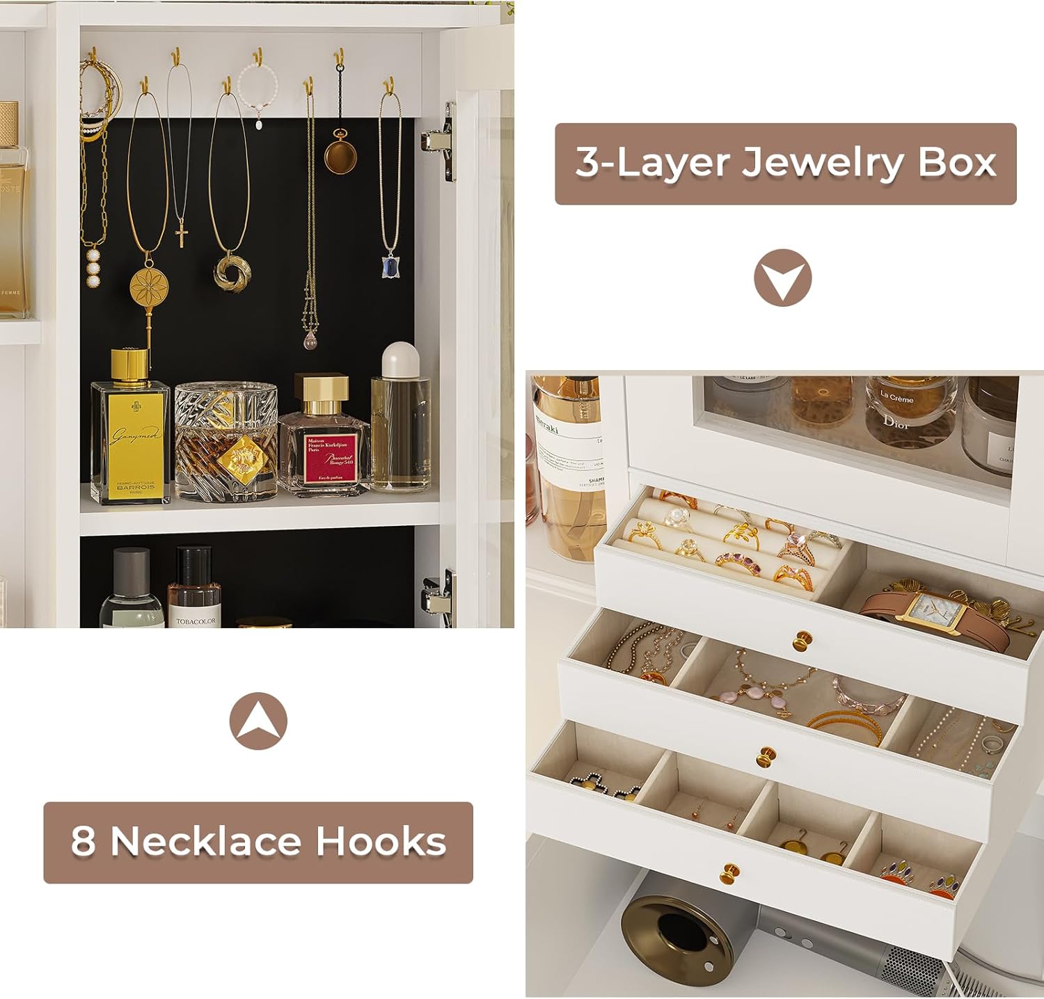 BTHFST Makeup Vanity with Charging Station & 3-Layer Jewelry Box, Vanity Desk with Sliding Mirror and Lights, Vanity Table with 8 Necklace Hooks & 5 Drawers & Shelves, White