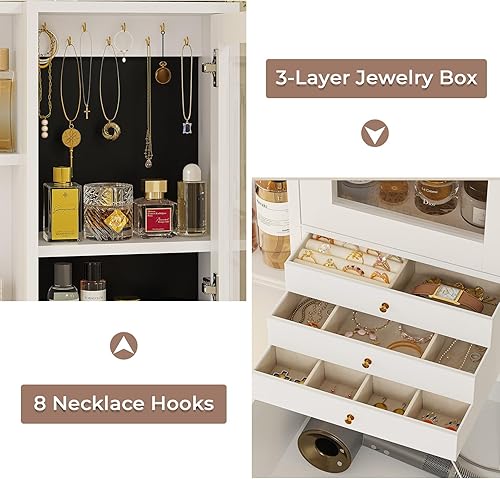 Miniatura 2 de BTHFST Tocador de maquillaje con estación de carga y joyero de 3 capas, escritorio con espejo deslizante y luces, mesa de tocador con 8 ganchos para