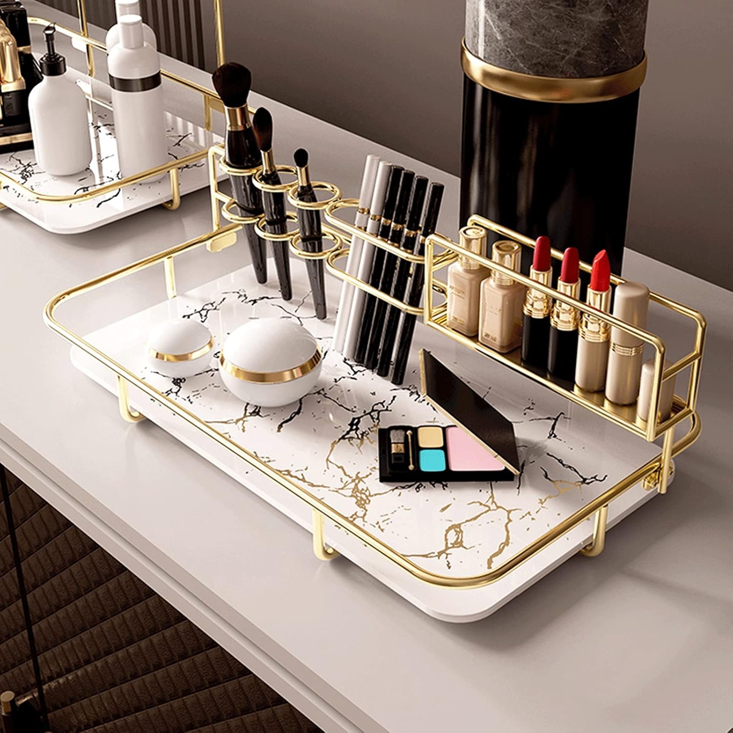 Bathroom Shelves Bathroom Organizer 1 Tier Bathroom Cosmetic Storage Shelf for and Countertop Decorative Wire Organizer with Marbling Tray White Dark Green Bathroom Shelf (Color : B) (C)