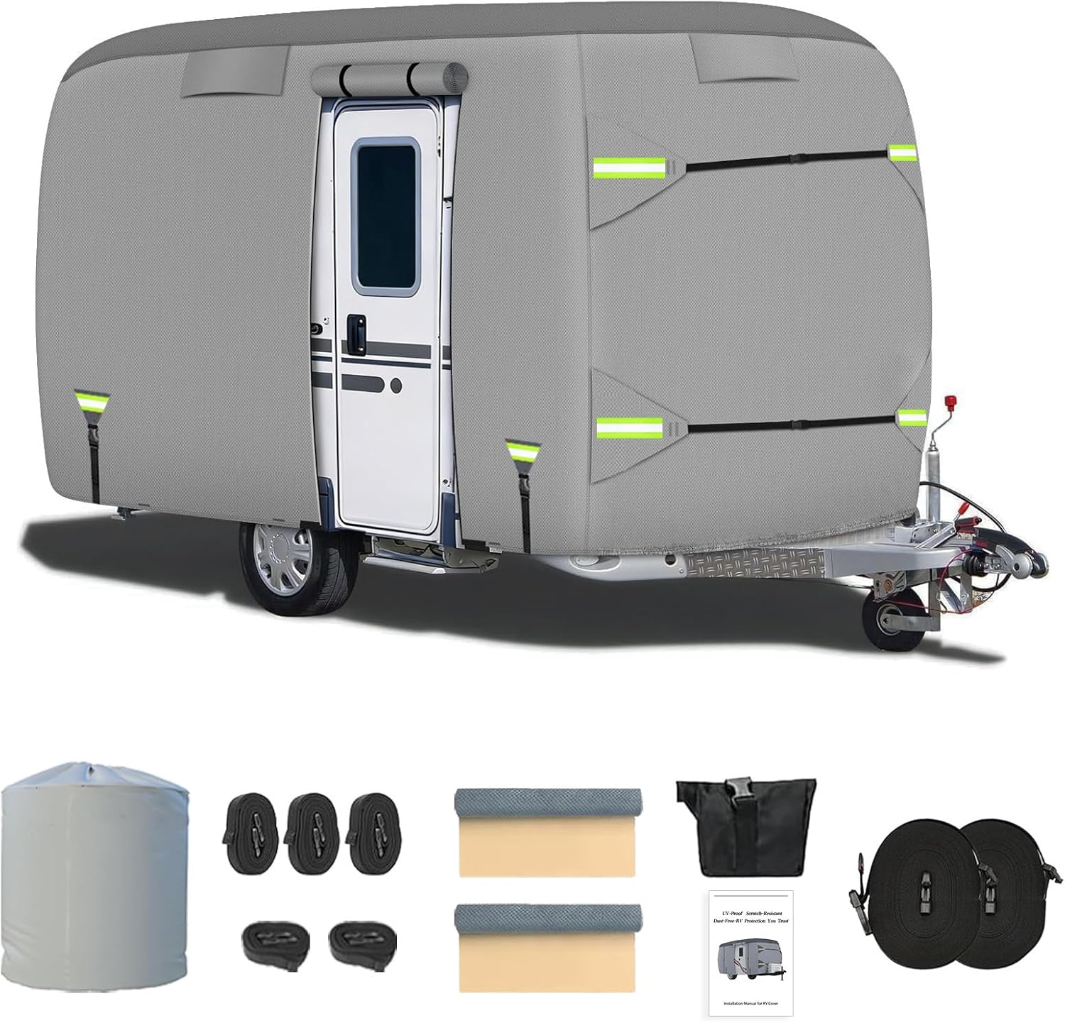 Fiberglass Travel Trailer Cover, Upgraded 8 Layers Top Fits 8 to 10 Feet Trailers, Waterproof Camper Cover, RV Cover with Extra Windproof Ropes, Adhesive Repair Patche