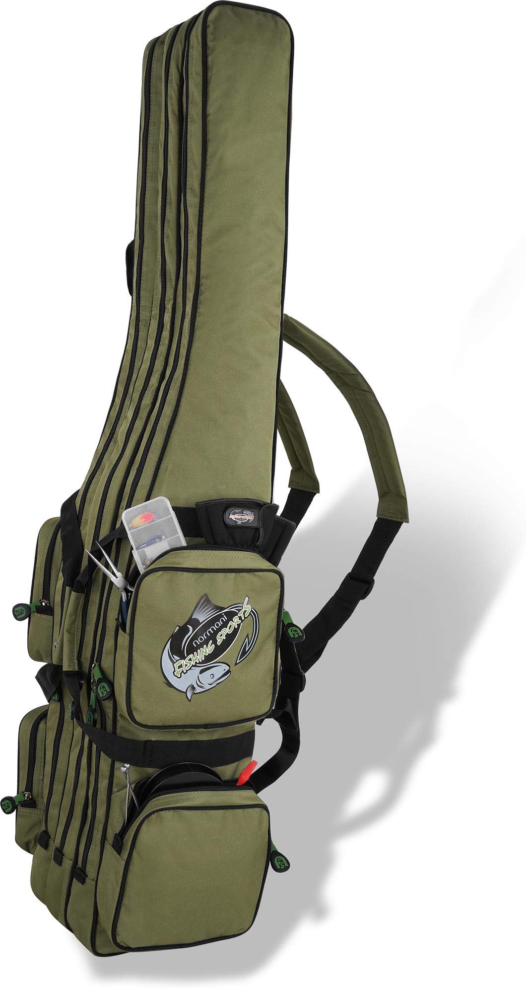 normani XXL Angel Tasche Futteral 190cm oder 210cm Rutentasche Anglerrucksack - 8 Taschen für 6 Ruten und Kescher Olive 190 cm