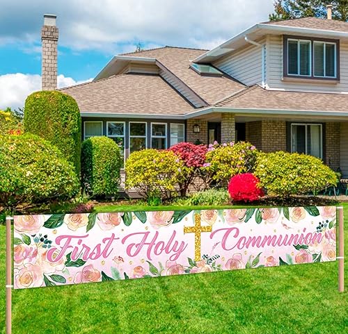 Miniatura 3 de Cartel rosa de la primera comunión de 9.8 x 1.6 pies, pancarta de primera comunión para bebé, bautismo, fiesta, patio, jardín, decoración de primera